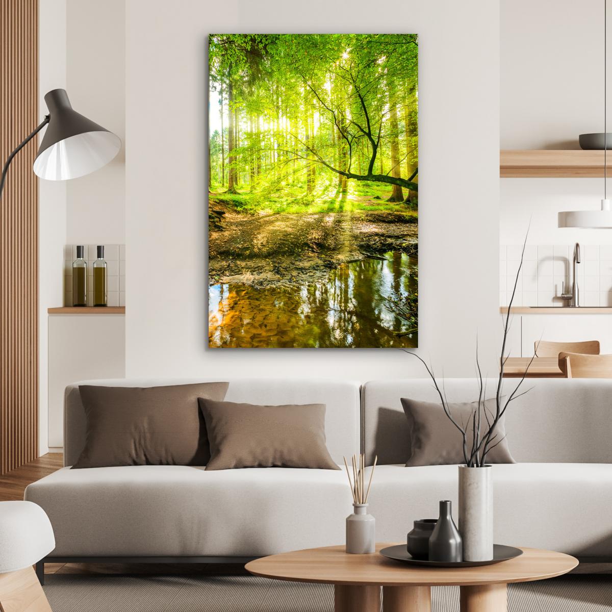 METALLBILD Wald - Landschaft - Wasser - Bäume - Sonne - Grün - Natur 80x120 cm - Grün, Metall (80/120cm) - MuchoWow