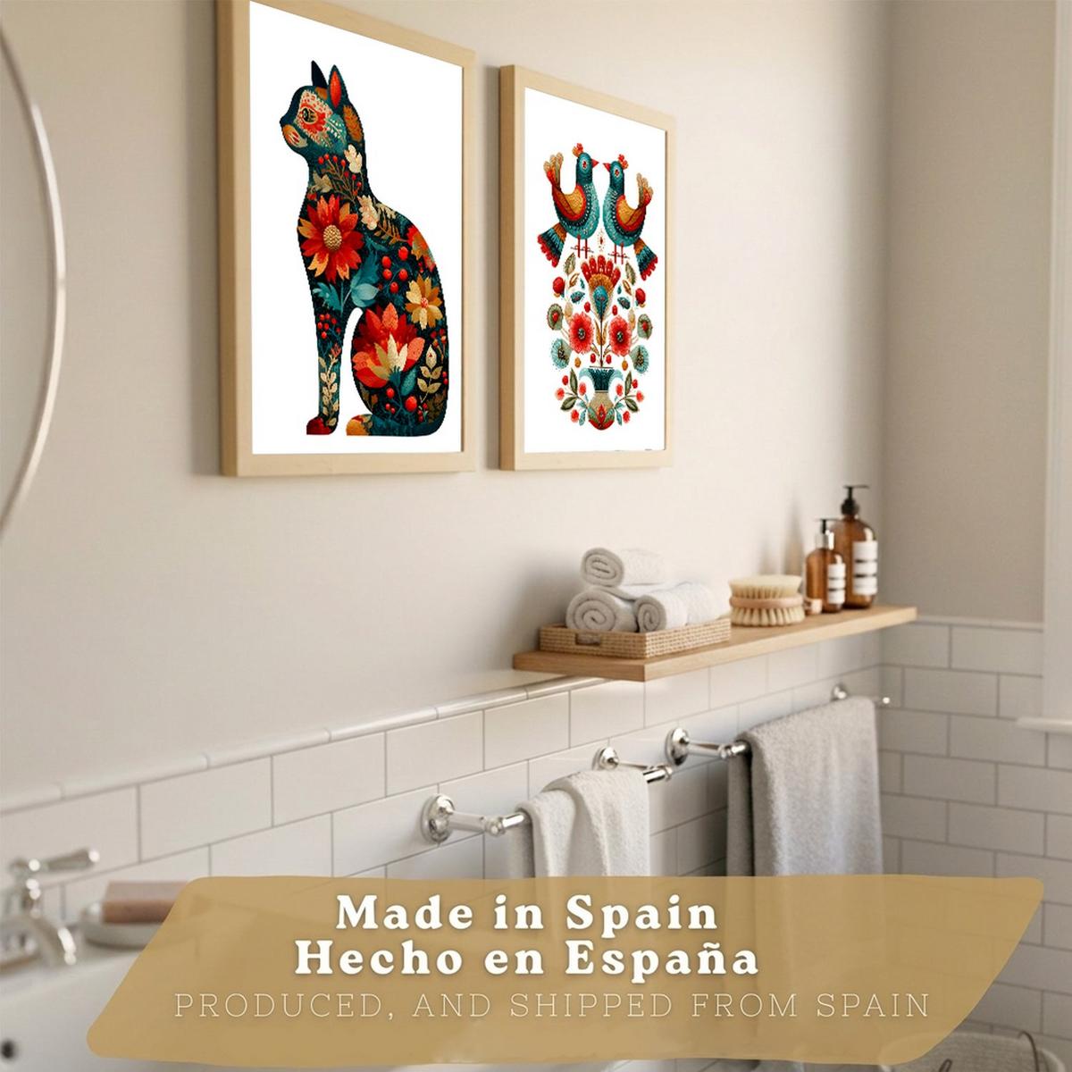 POSTER 2er-Set dekorative Badezimmer-Kunstdrucke, im Stil der Volkskunst für Wand, Toilette mit Vögeln und elegantem Blumen-Katzen Rahmenlos A3 - Klar, Papier (42/29.7/3cm) - Nacnic