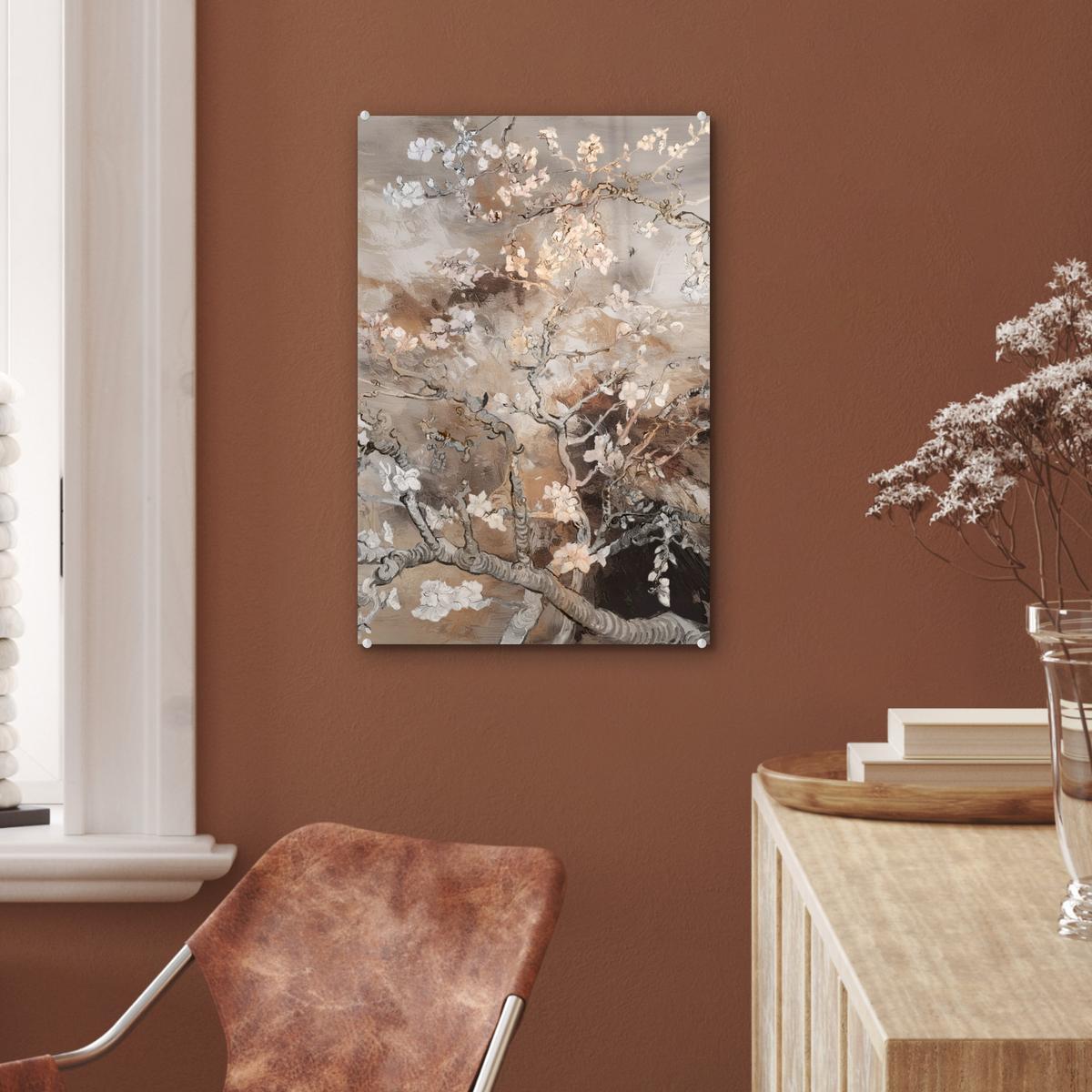 ACRYLGLASBILD Mandelblüte - Kunst - Van Gogh - Beige - Abstrakt Wanddeko Wohnzimmer 40x60 cm - Braun, Glas (40/60cm) - MuchoWow