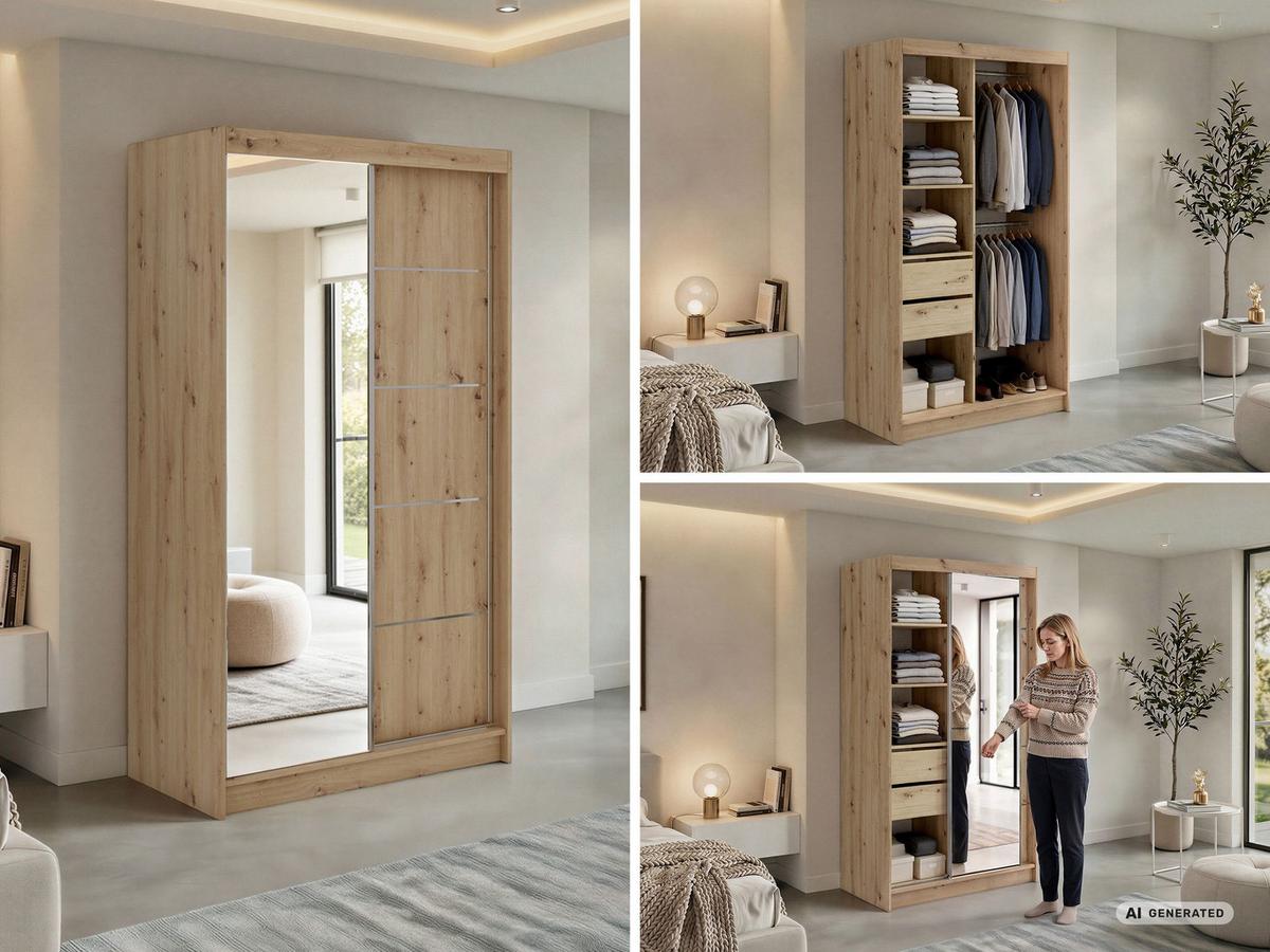 SCHWEBETÜRENSCHRANK mit Schubladen 120 - SKORIA - Eiche Artisan mit Spiegel - Alufarben/Eiche Artisan, Holzwerkstoff/Metall (120/216/61cm) - MKS