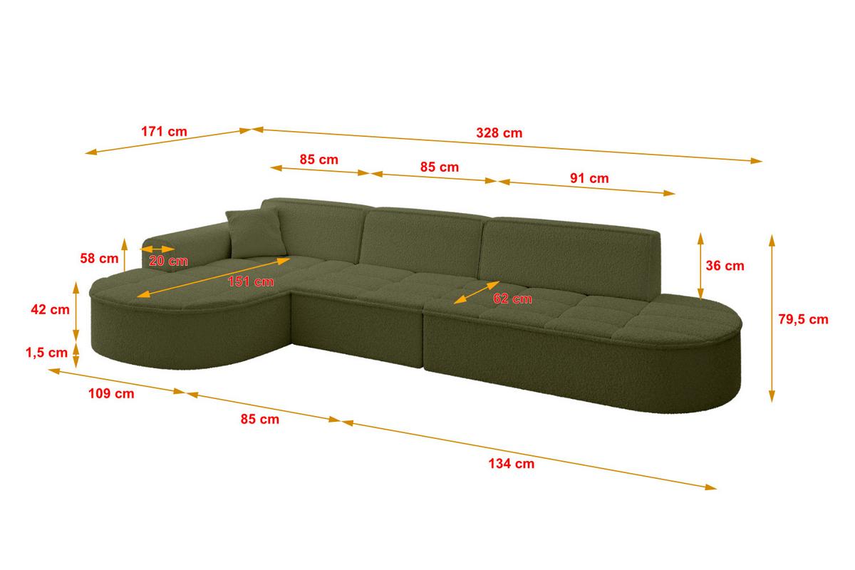 ECKSOFA Ottomane Links TARO-L2 - 328x171x79,5 cm Grün - Grün, Holzwerkstoff/Textil (328/171cm) - ALTDECOR