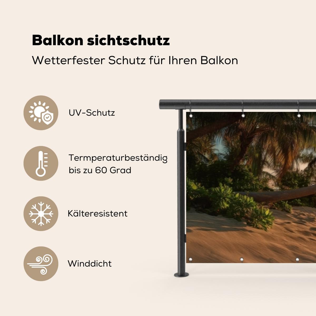 BALKON-SICHTSCHUTZ Strand - Palmen - Meer - Sonnenuntergang Groß 500x90 cm - Samtahornfarben, Kunststoff (500/90cm) - MuchoWow