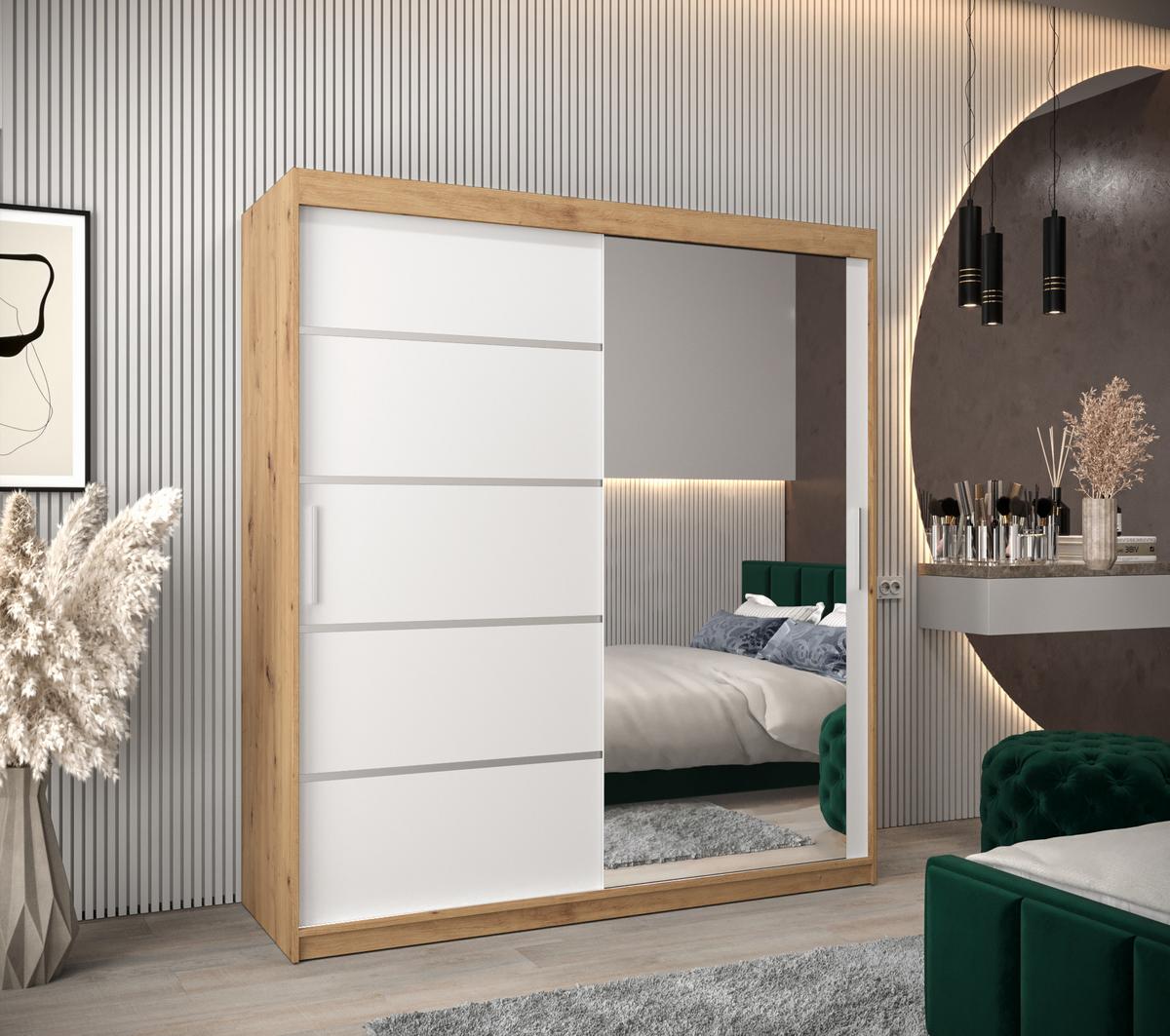 SCHWEBETÜRENSCHRANK 200/180/62 2-türig - Silberfarben/Weiß, Holz/Kunststoff (180/200/62cm) - MÖBEL KRYSPOL