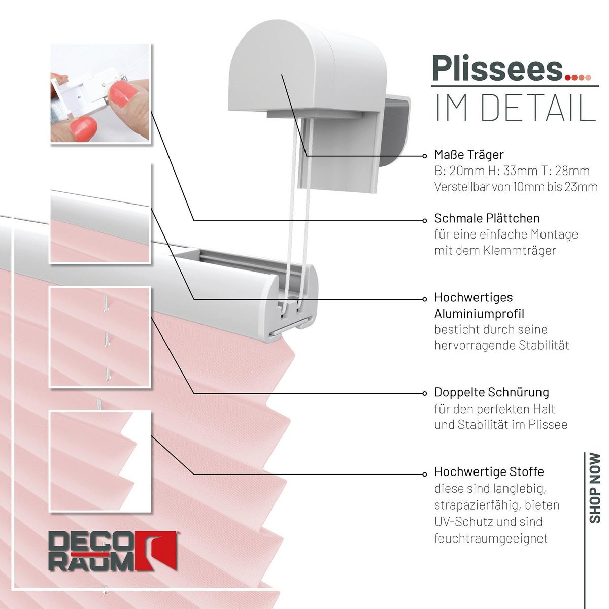 PLISSEE Basic 75 x 150cm Klemmfix ohne Bohren - Hellrosa, Textil (75/150cm) - Deco-Raum