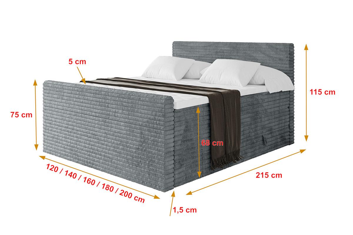 BOXSPRINGBETT mit Matratze H3|H4 und Lattenrost - TOLO-Z KING-v1 120x200 Cord - Dunkelgrau - Dunkelgrau, Holzwerkstoff (120/200cm)