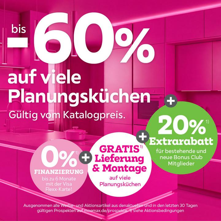 bis -60% auf viele Planungsküchen + 20% Extrarabatt für bestehende und neue Bonus Club Mitglieder + Gratis Lieferung und Montage auf viele Planungsküchen