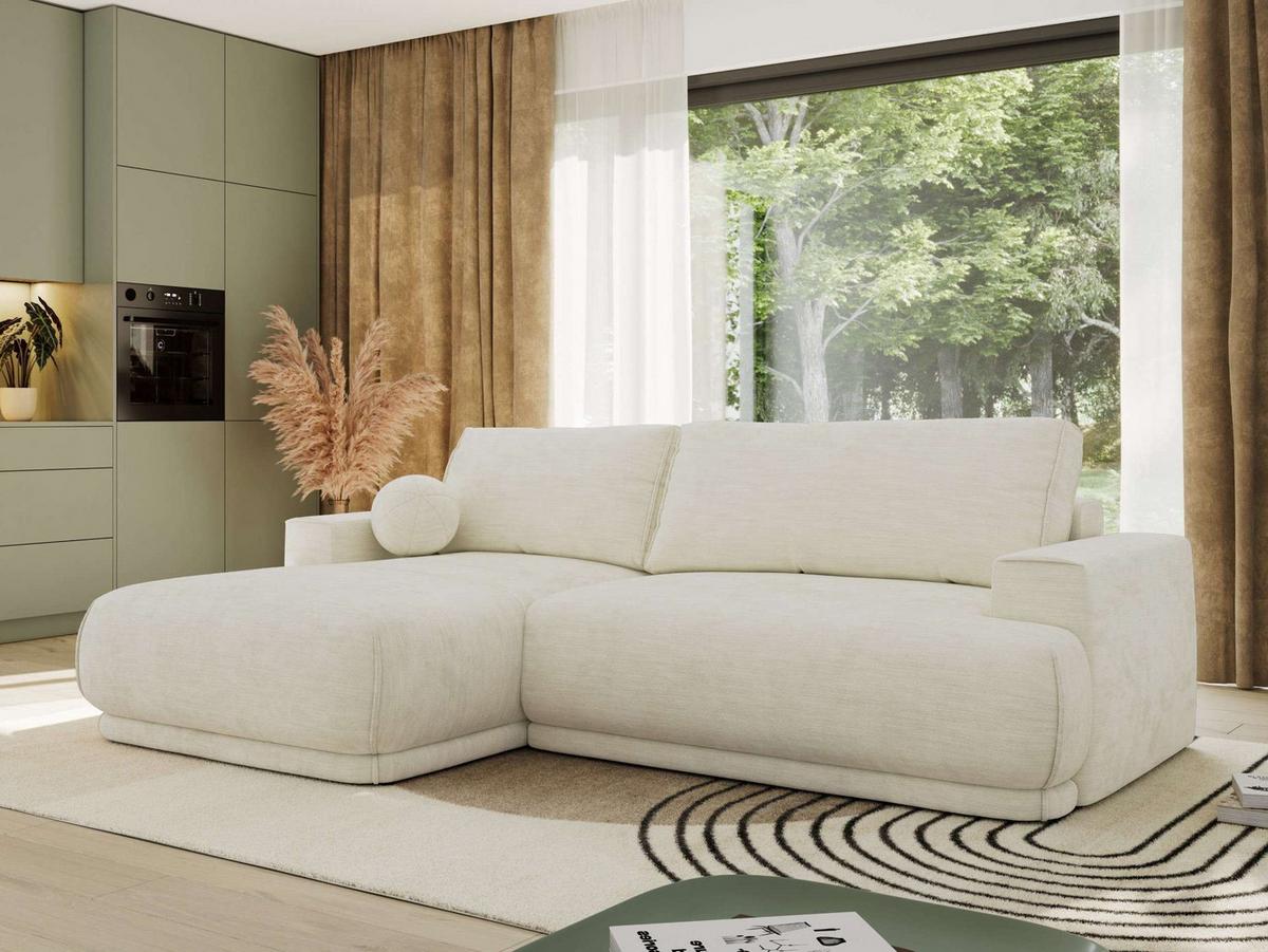 ECKSCHLAFSOFA RINA L Creme Schenille glatt - links - Creme/Schwarz, Kunststoff/Textil (267/170cm) - MKS