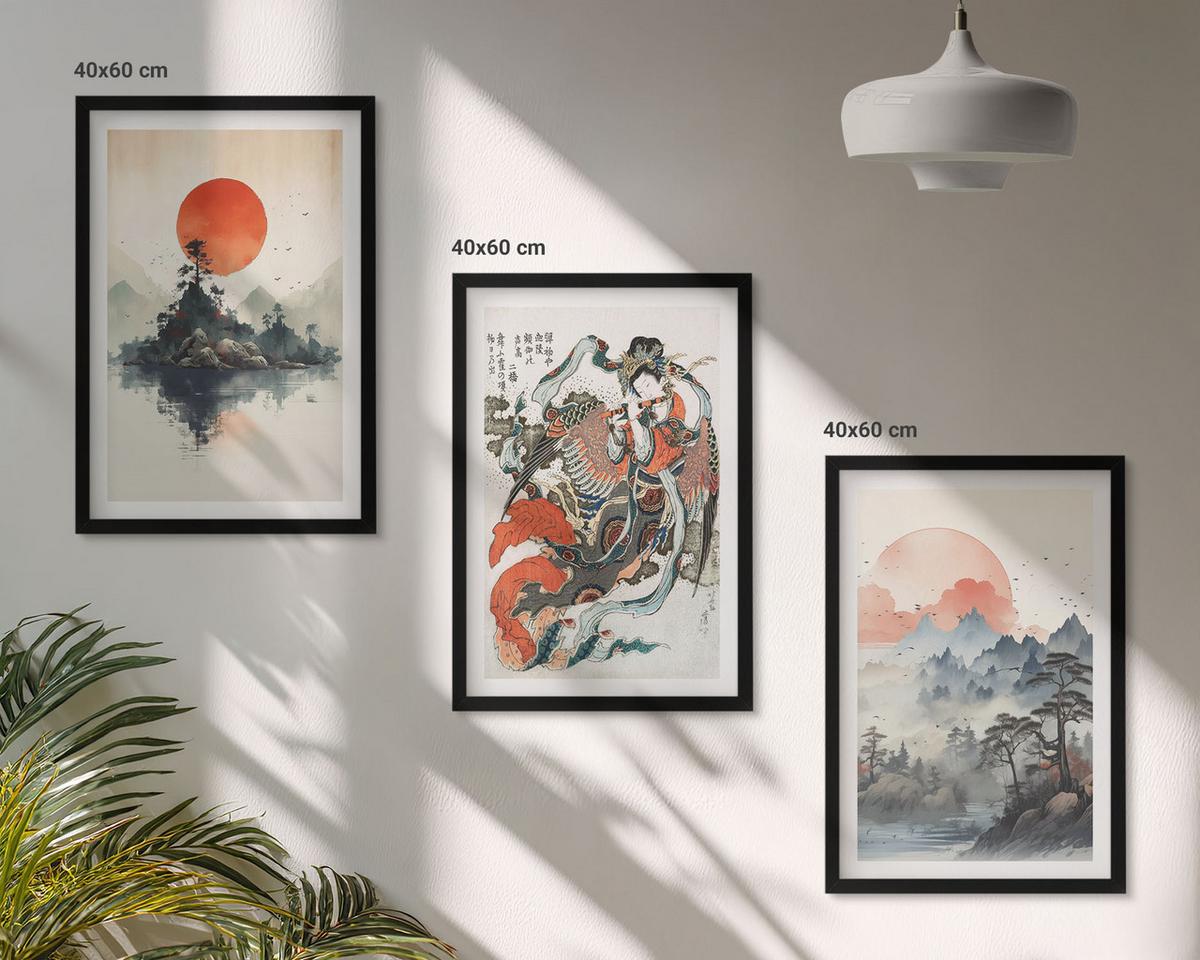 BILDER SET 3er Set - 40x60 cm Schwarzer Rahmen - Asiatische Japandi-Malereien - Schwarz, Kunststoff (40/60cm) - TULUP