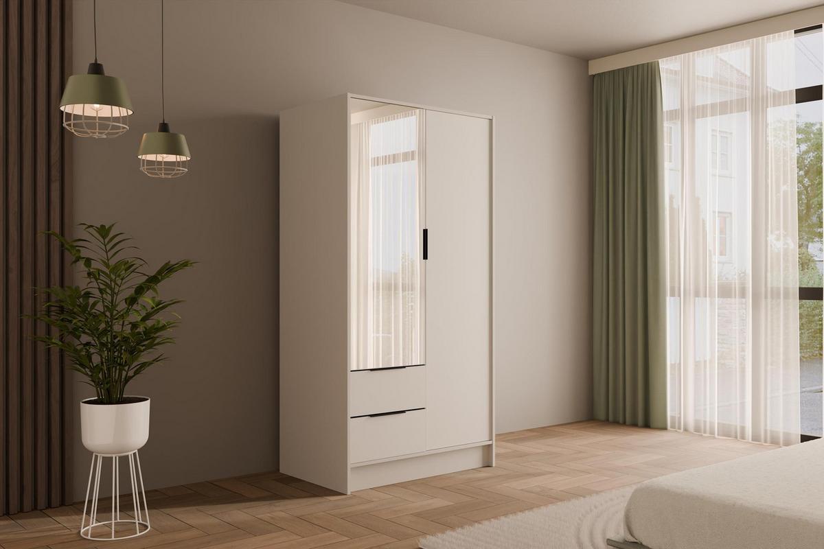 KLEIDERSCHRANK mit Spiegel und Flügeltüren KOLIN 100x200cm Weiß/Weiß - Weiß, Holzwerkstoff (102/200/51cm) - ALTDECOR