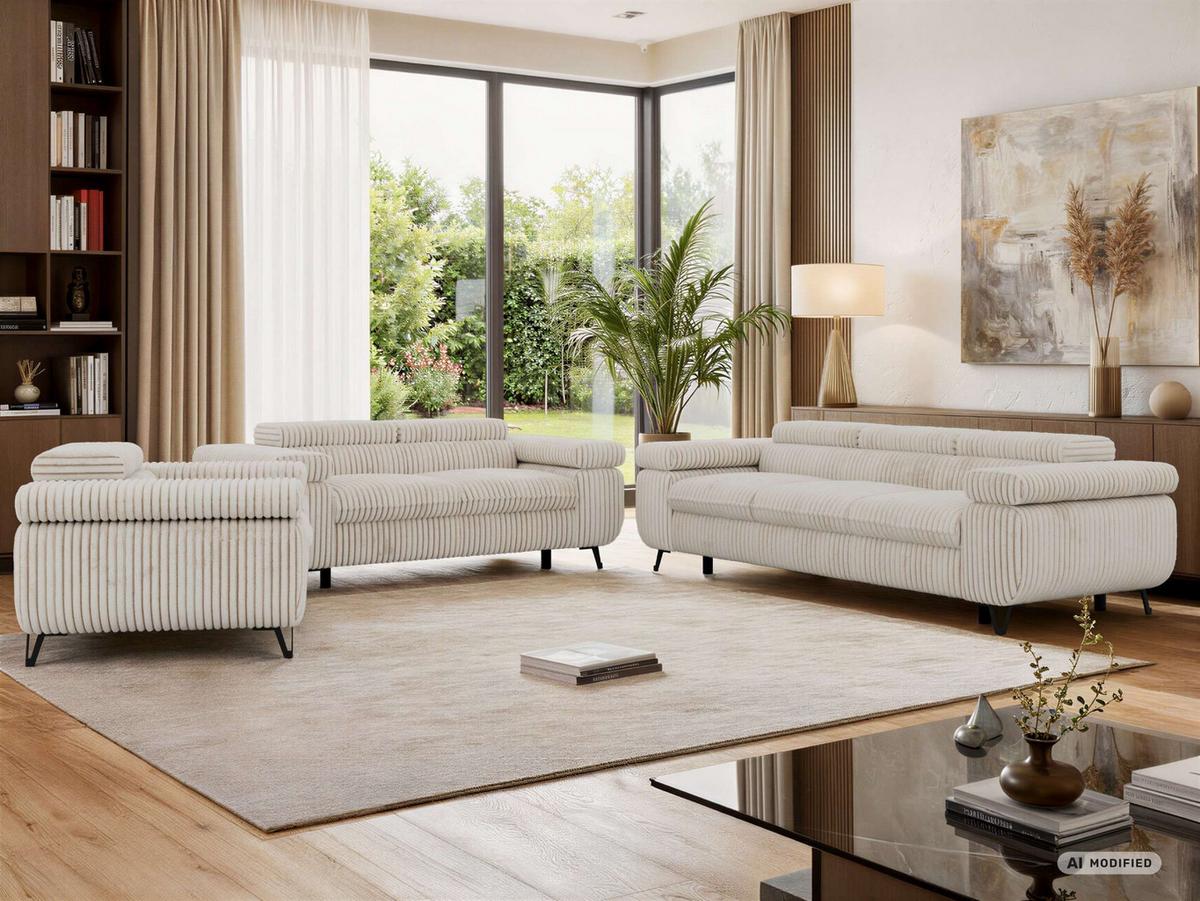 SITZGARNITUR PETER 1+2+3 - Beige Cord - Beige/Creme, Textil/Metall (262/76/99cm) - MKS