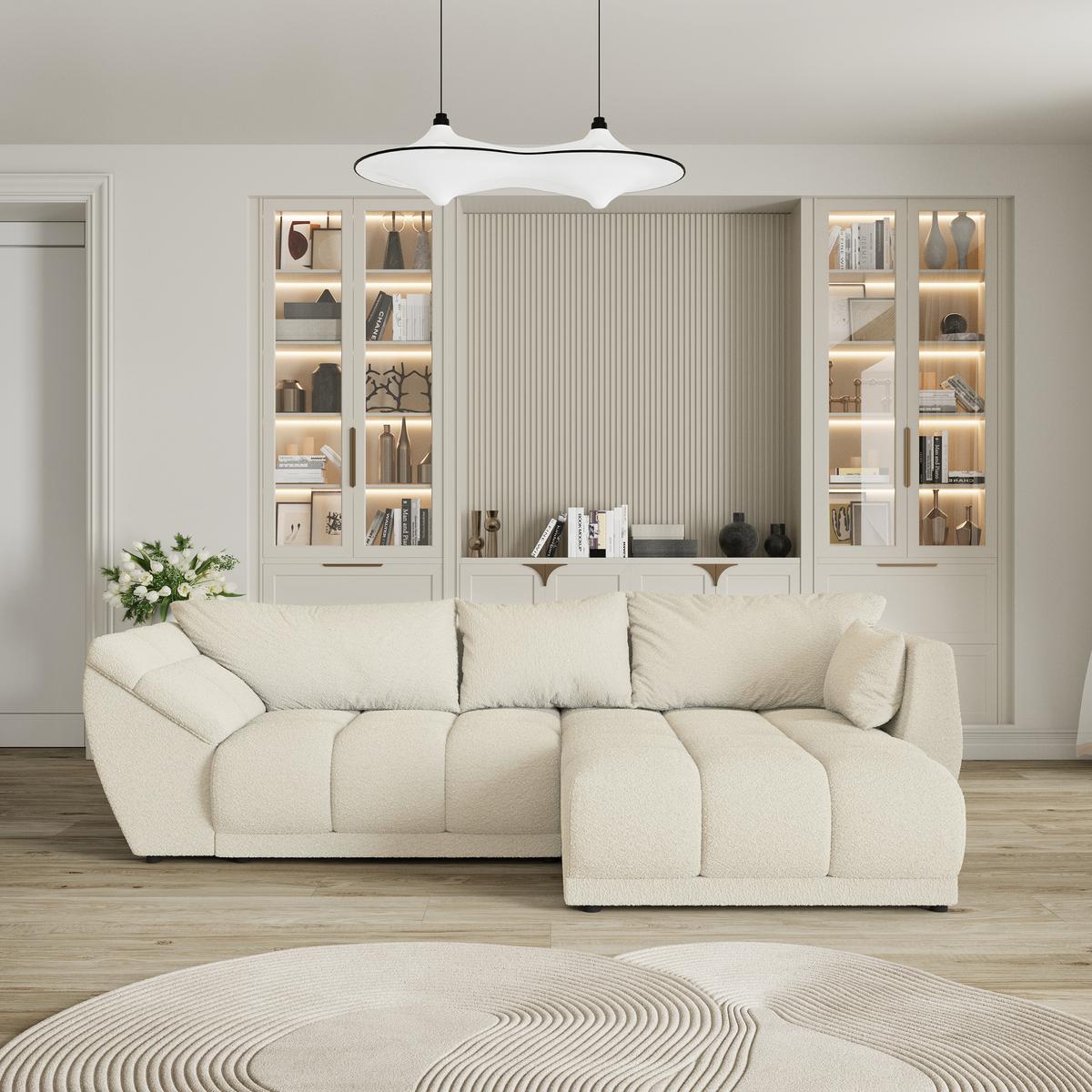 ECKSOFA ORENTI R-S Creme Boucle-Stoff mit Schlaffunktion - Creme, Holz (287/182cm) - MASSENO
