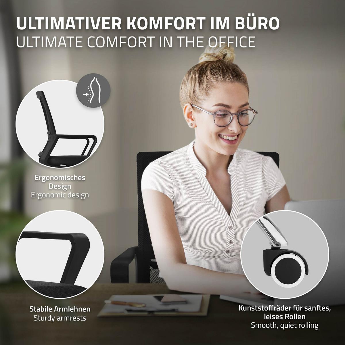 BÜROSTUHL ergonomisch Schwarz mit Netz-Rückenlehne und Stahlgestell - Chromfarben/Schwarz, Kunststoff/Textil (59/100/58cm) - ML-DESIGN