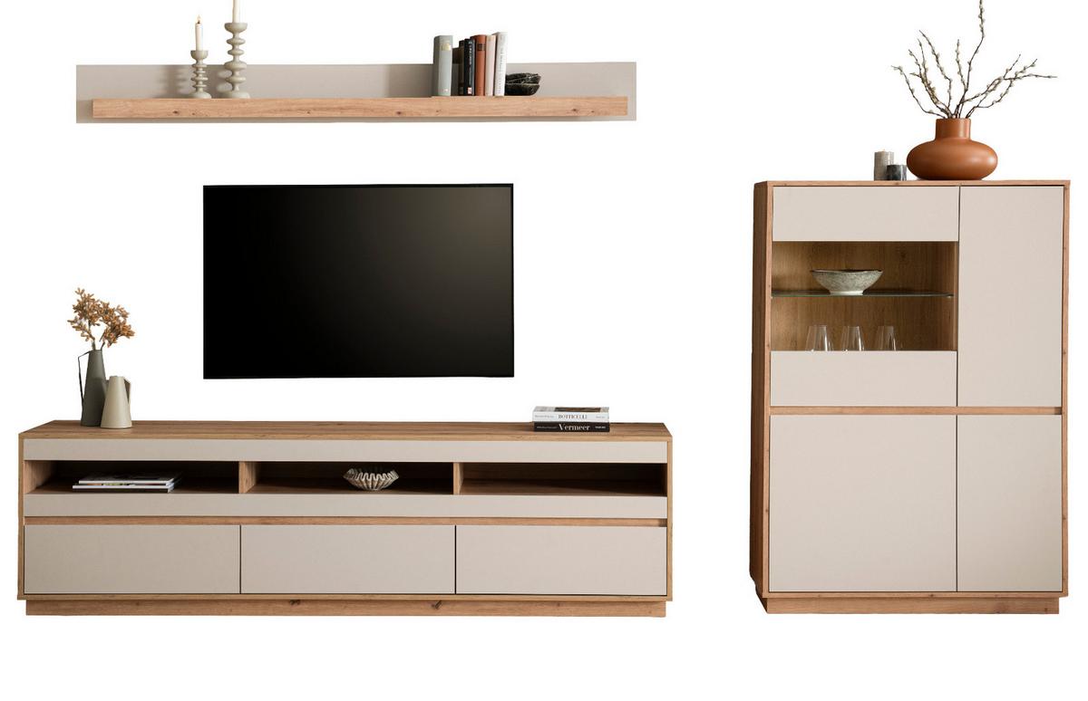 WOHNWAND Kaschmir, Artisan Eiche 292 cm 3-teilig, Schrankwand mit Soft-Close - Kaschmir/Eiche Artisan, Glas/Holzwerkstoff (292/170/45cm) - Furn.Design