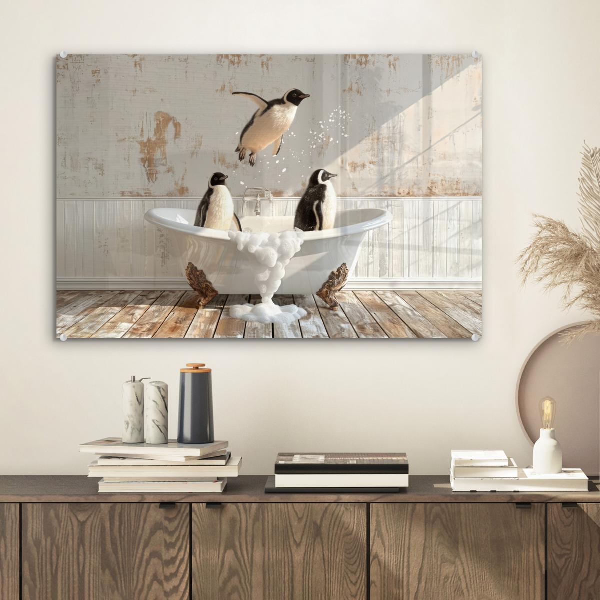 ACRYLGLASBILD Vintage - Pinguin - Badewanne - Schaumstoff Wanddeko 60x40 cm - Schwarz, Glas (60/40cm) - MuchoWow