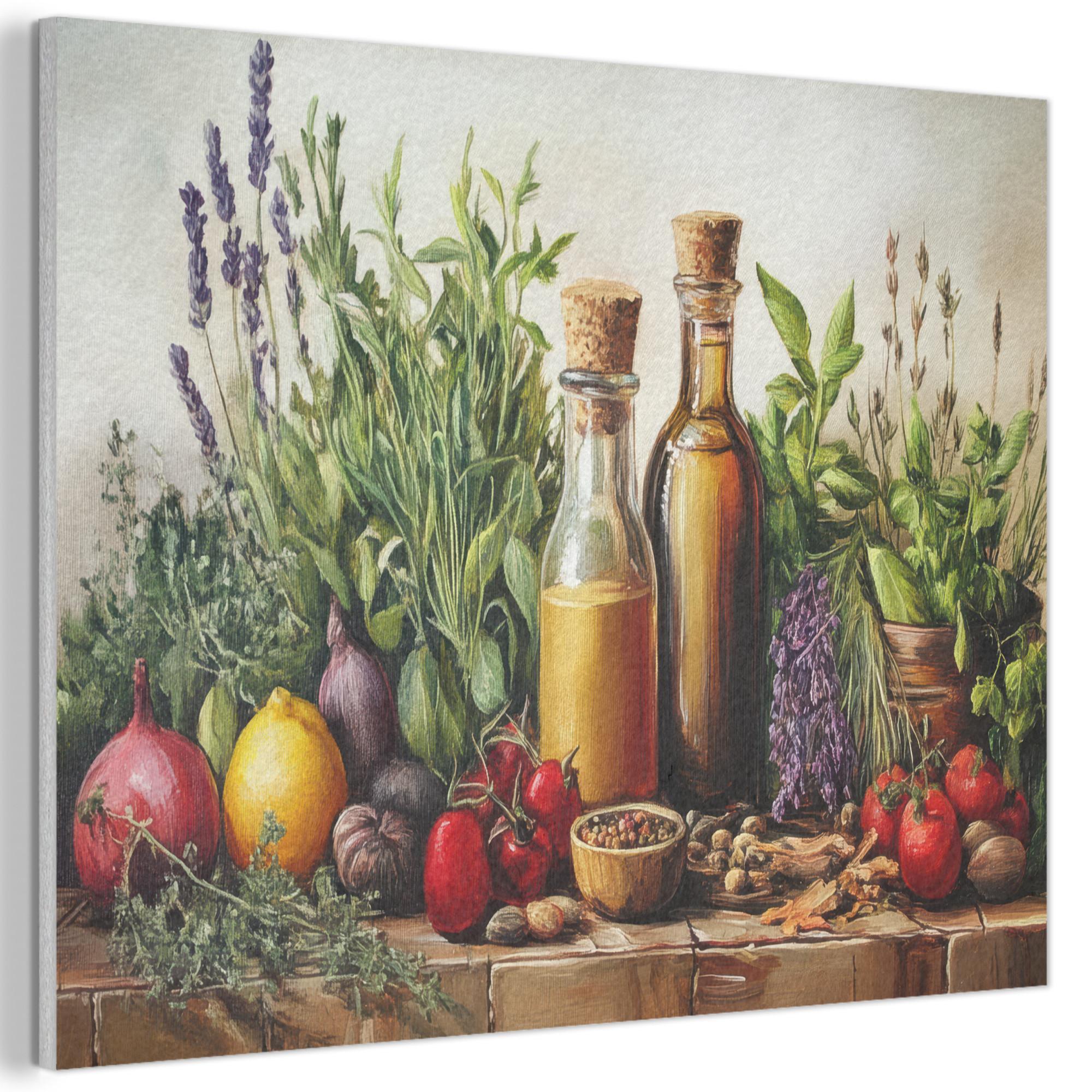 AKUSTIKBILD Stilleben - Kräuter - Gewürze - Früchte - Farbenfroh Gemälde 80x60 cm - Grün, Kunststoff (80/60/0.9cm) - MuchoWow