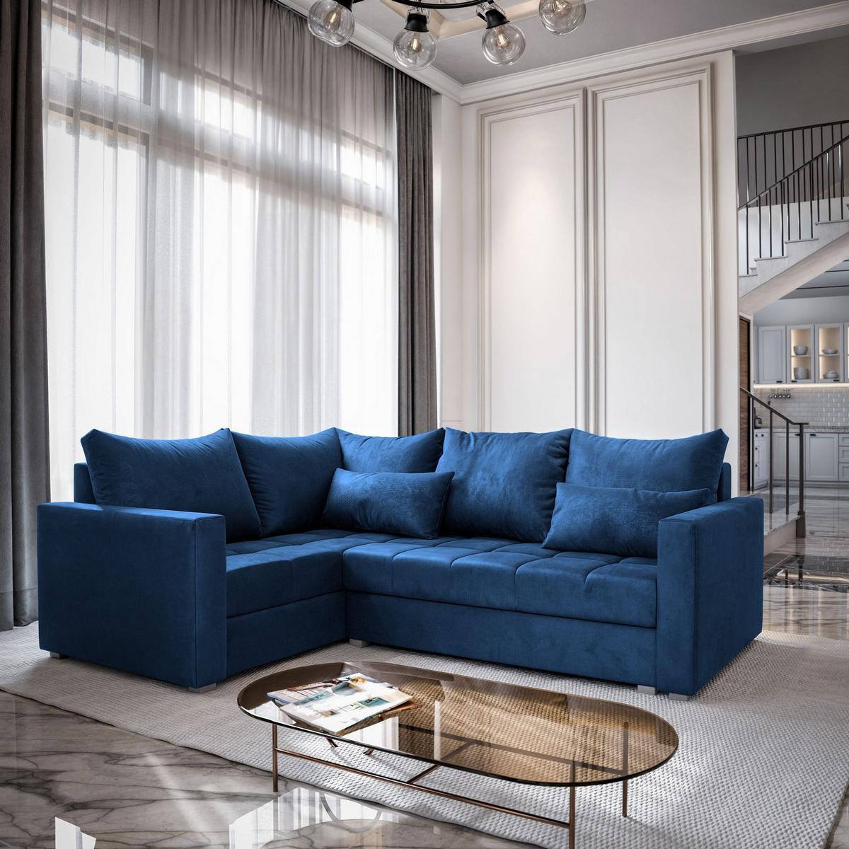 ECKSOFA LIRENO L-S Blau Plüsch-Stoff mit Schlaffunktion - Blau/Grau, Holz/Kunststoff (220/153cm) - MASSENO