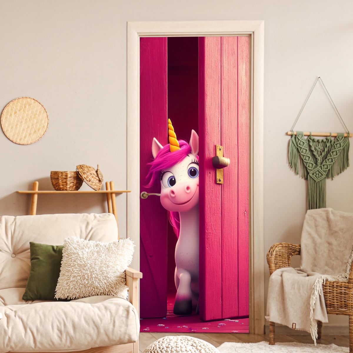 TÜRAUFKLEBER Einhorn - Rosa - Tür - Fantasie 90x235 cm - Türtapete - Pink, Kunststoff (90/0.1cm) - MuchoWow