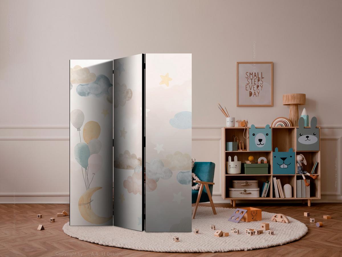 PARAVENT Einseitig Bedruckter 3-tlg 135x172 cm Sterne Wolken Ballons - Multicolor, Holz/Textil (135/172/3cm) - Muralo