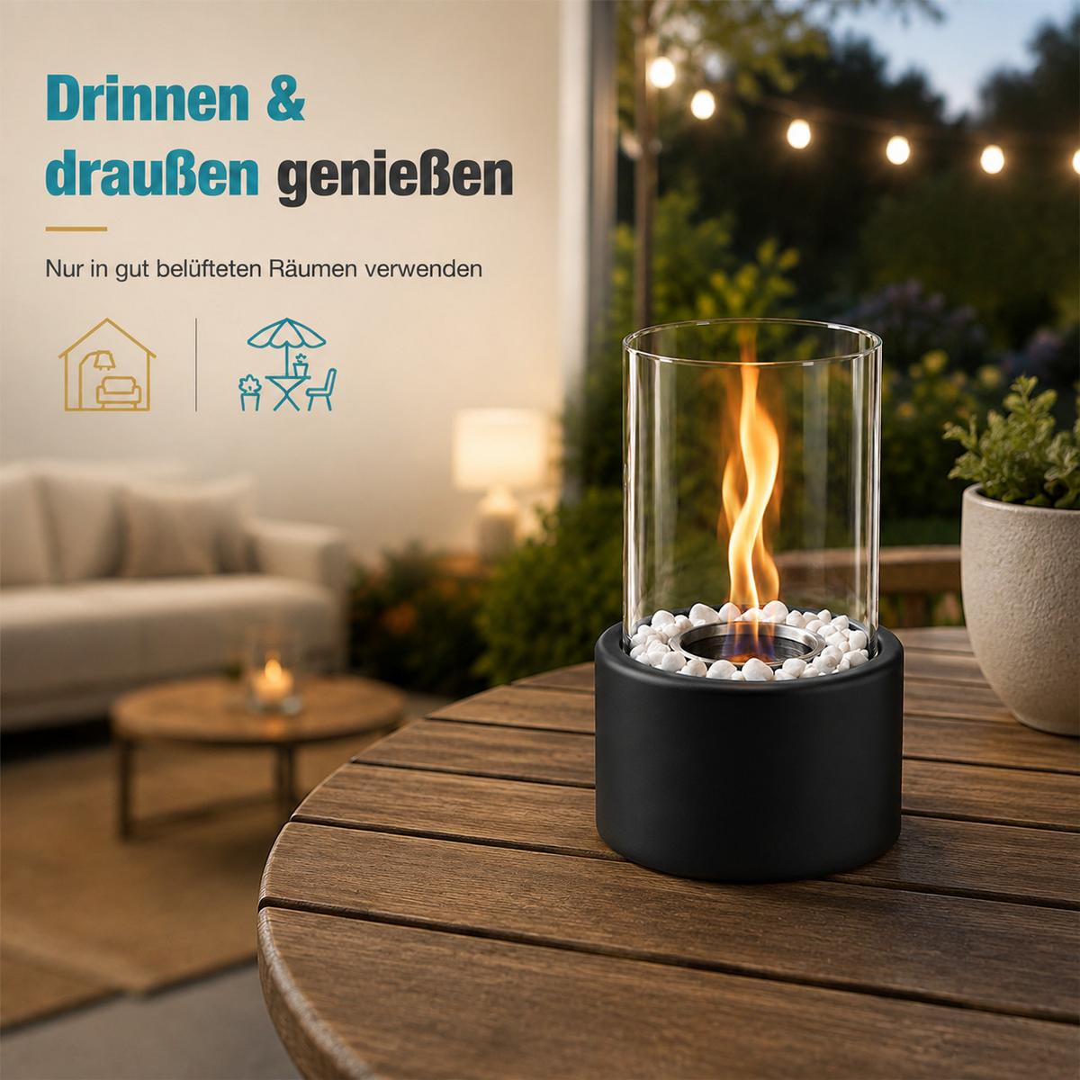TISCHKAMIN Eryxvar 12.3/9.9/21 cm - Schwarz, Glas/Metall (9.9/21/12.3cm) - ZMH