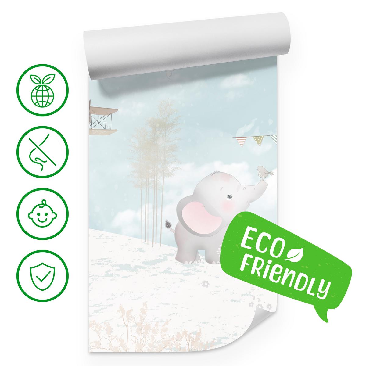 FOTOTAPETE für Kinderzimmer Boho Elefant Panda Giraffe Pflanze Flugzeug 200x140 - Multicolor, Papier (200/140cm) - Muralo