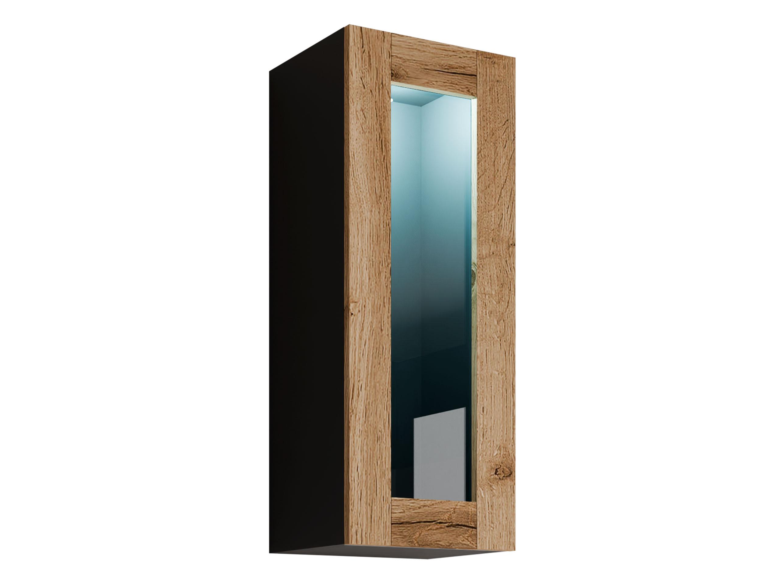 HÄNGEVITRINE 90 Vigo Glas mit blauer LED Beleuchtung - Eiche Wotan/Schwarz, Holzwerkstoff (35/90/32cm) - MIRJAN24
