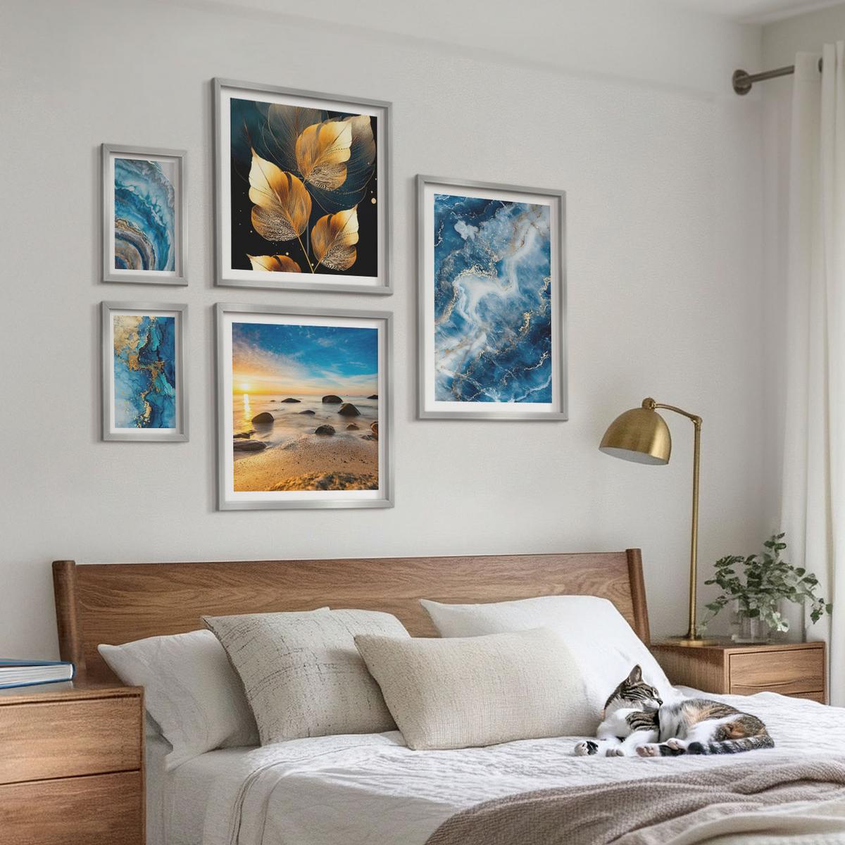BILDER SET 5er Set - 50x50 cm & 20x30 cm & 40x60 cm Silberner Rahmen - Porträt einer Frau, Auge, Farben, Emotionen - Silberfarben, Kunststoff (40/60cm) - TULUP