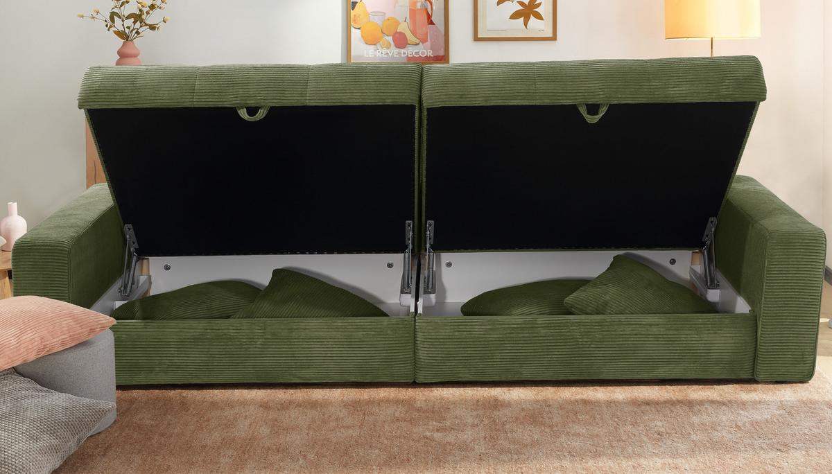 BIG-SOFA mit 2 Bettkästen, viel Stauraum, B274/T113/H84 cm, Liegefläche 103x241 cm, Cord Grün / 15262 - Schwarz/Grün, Kunststoff/Textil (284/84/113cm) - luma-home