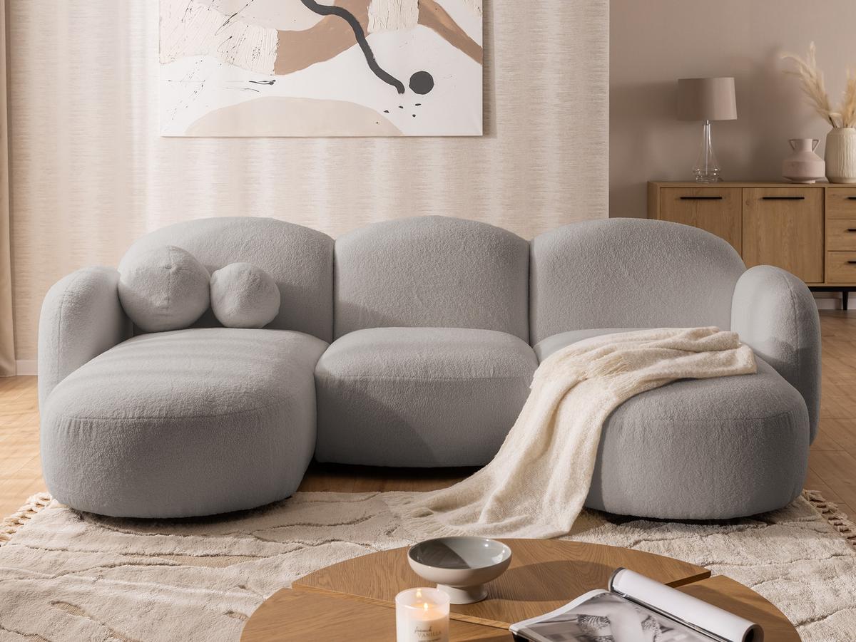 WOHNLANDSCHAFT Nuvola mit abgerundetem Design Hellgrau Bouclé-Stoff - Hellgrau/Schwarz, Holz/Kunststoff (268/80/146cm) - S-Style