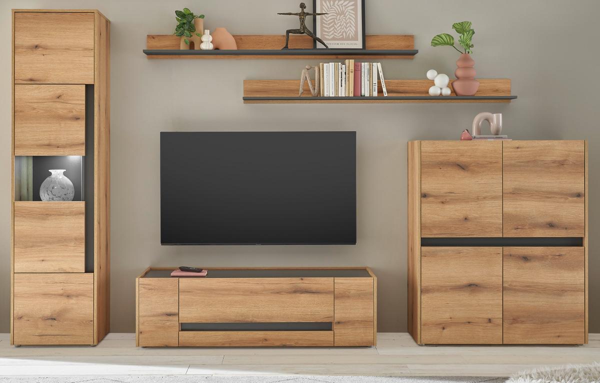 WOHNWAND Evoke Eiche, grau, Schrankwand Set 5-teilig Breite 350 cm - Eichefarben/Grau, Glas/Holz (350/197/45cm) - Furn.Design