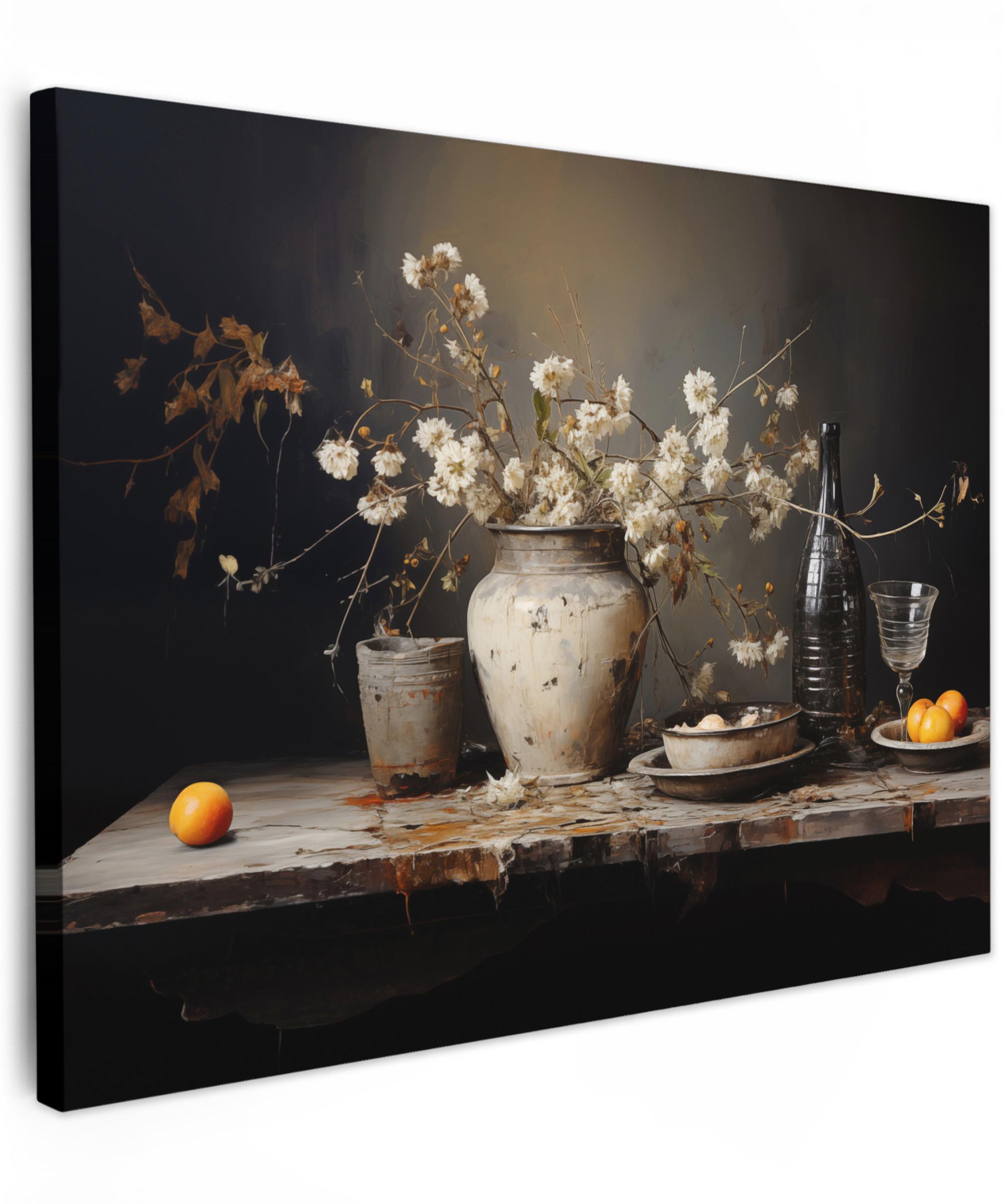 LEINWANDBILD Stilleben - Blumen - Blumenstrauß - Vase - Wein Wandbilder 80x60 cm - Schwarz, Textil (80/60cm) - MuchoWow