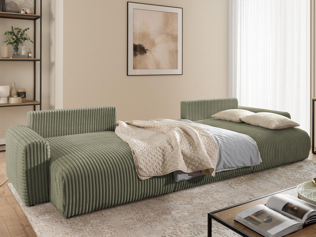 WOHNLANDSCHAFT Calma mit Schlaffunktion und Bettkasten im Bumpy-Design aus weichem Olive Plüschcord - Beige/Schwarz, Holz/Textil (336/88/140cm) - S-Style