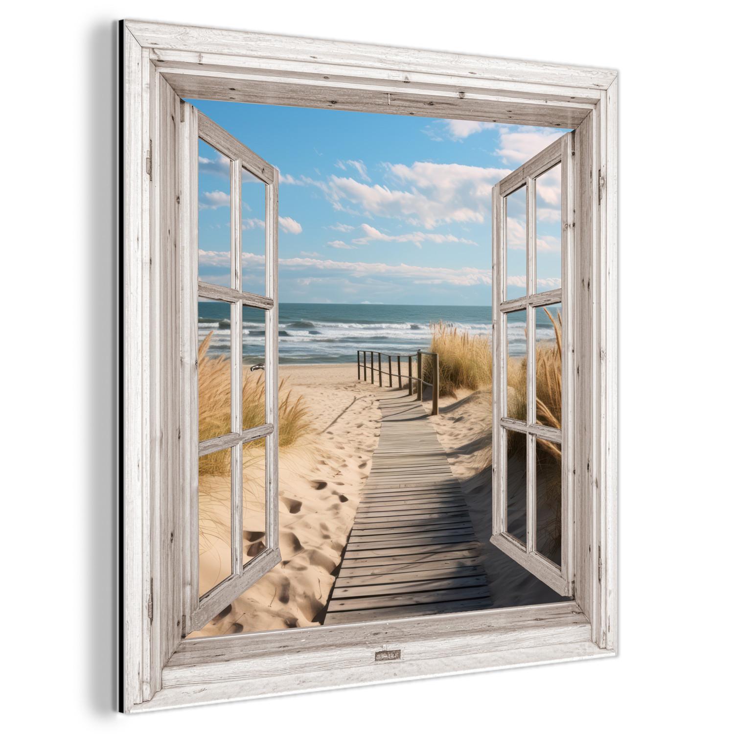 METALLBILD Fenster - Meer - Küste - Natur - Ausblick - Strand - Wattenmeer 90x90 cm - Beige, Metall (90/90cm) - MuchoWow