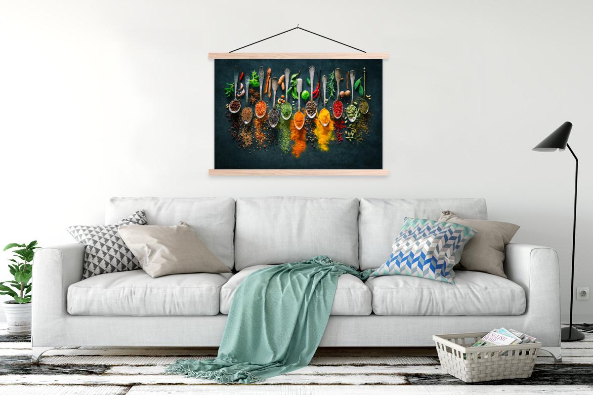 POSTER MIT MAGNETLEISTEN Kräuter - Gewürze - Löffel Magnetleiste 120x80 cm - Currygelb, Textil (120/80/0.15cm) - MuchoWow