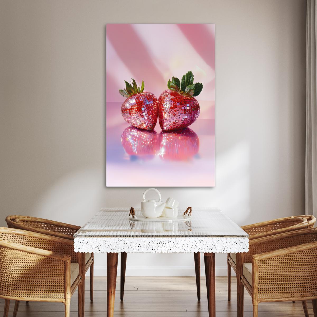 LEINWANDBILD Disco - Obst - Glitzer - Erdbeere Deko XXL 80x120 cm - Pink, Textil (80/120cm) - MuchoWow