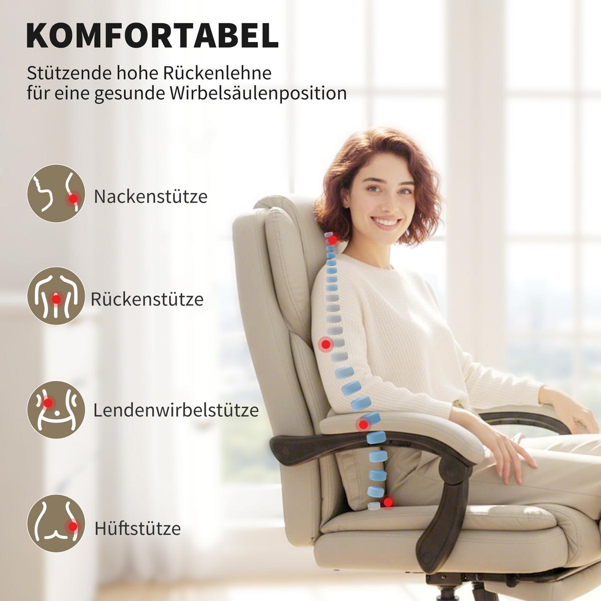BÜROSTUHL, Ergonomisch mit Verstellbar Rückenlehne, Beige - Beige/Schwarz, Kunststoff/Textil (65/119/67cm) - HOMCOM