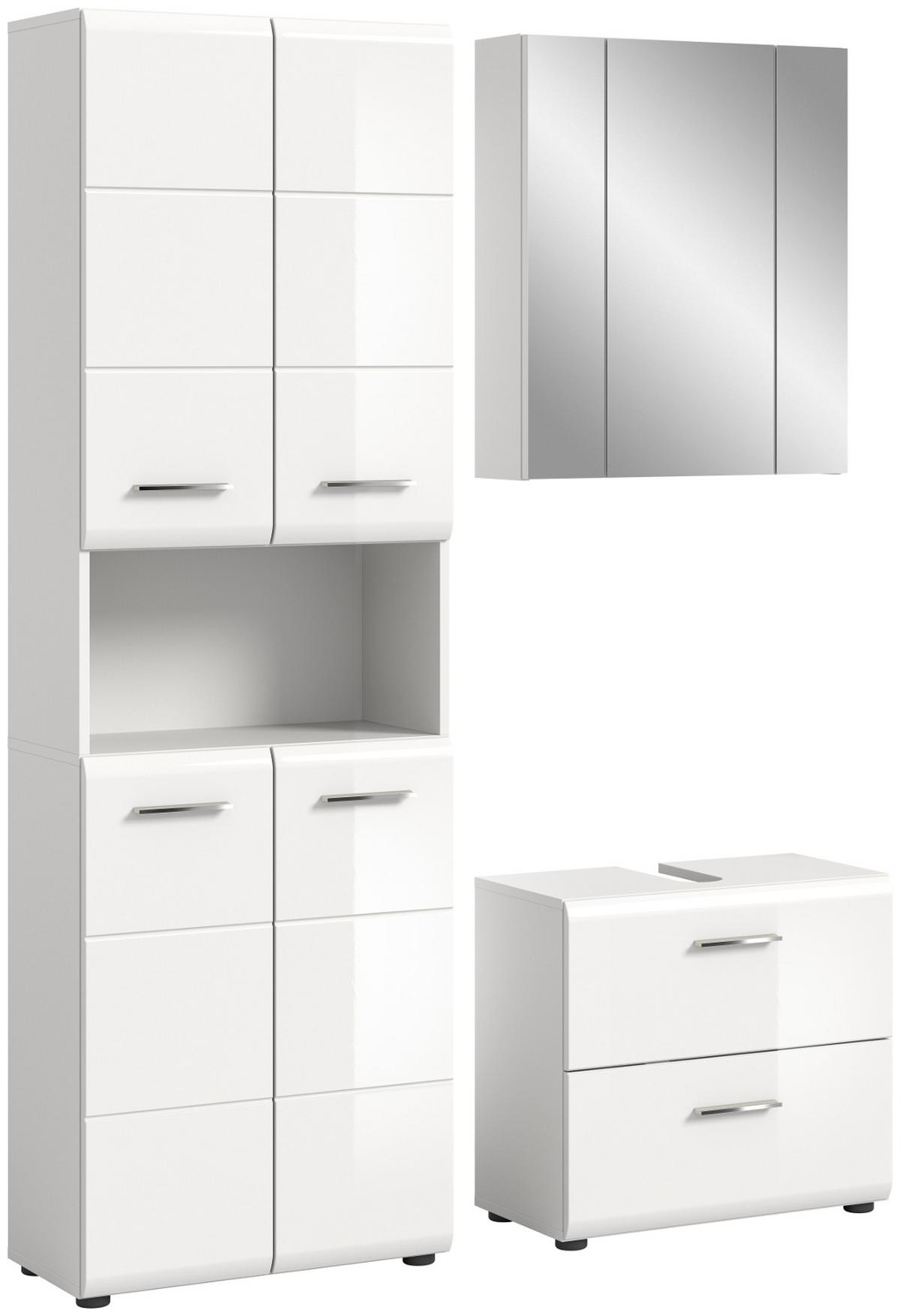 BADMÖBEL-SET 3-teilig weiß Hochglanz, Badkombination mit großem Badschrank - Weiß Hochglanz/Silberfarben, Glas/Holzwerkstoff (135/185/30cm) - Inn.Furn