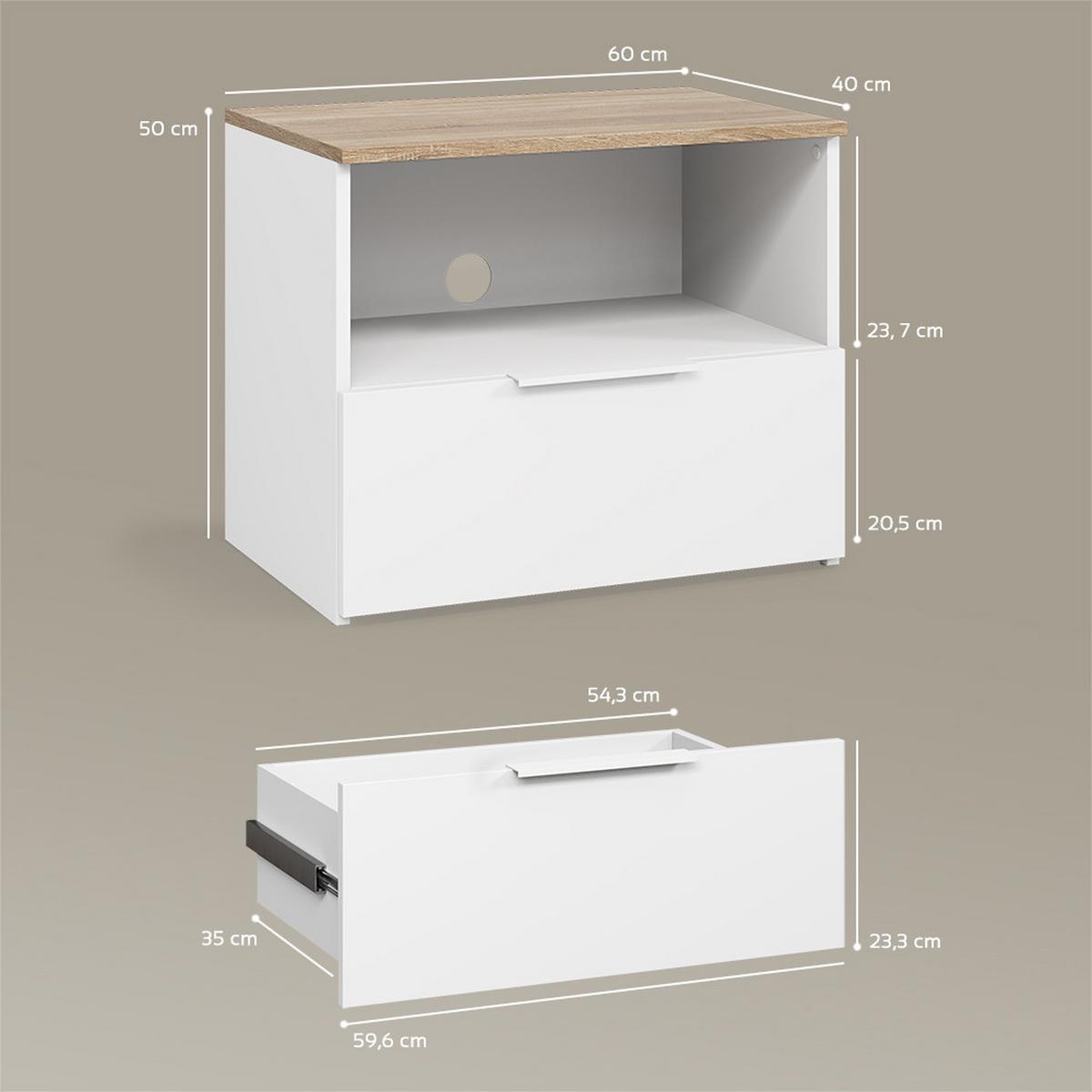 LOWBOARD Piave Weiß/Sonoma 60 x 50 cm mit Schublade - Weiß/Sonoma Eiche, Holzwerkstoff (60/50/40cm) - Livinity®