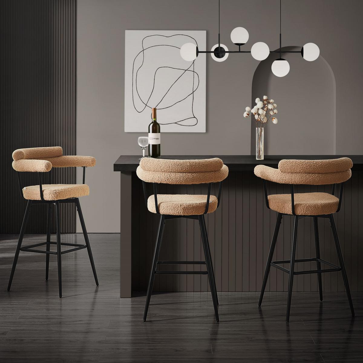 BARHOCKER 2er Set drehbar Braun mit Teddy-Stoff 76 cm hoch - Schwarz/Braun, Textil/Metall (61/103/55cm) - ML-DESIGN