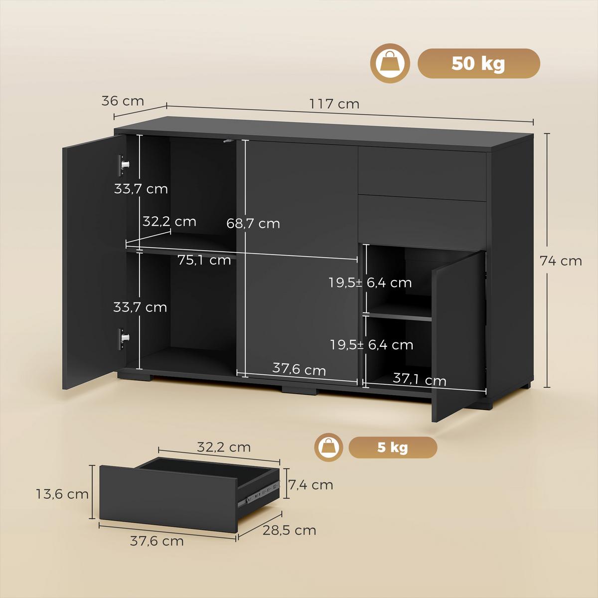 STANDSCHRANK Spanplatte Schwarz - Schwarz, Holzwerkstoff/Kunststoff (36/74/117cm) - HOMCOM