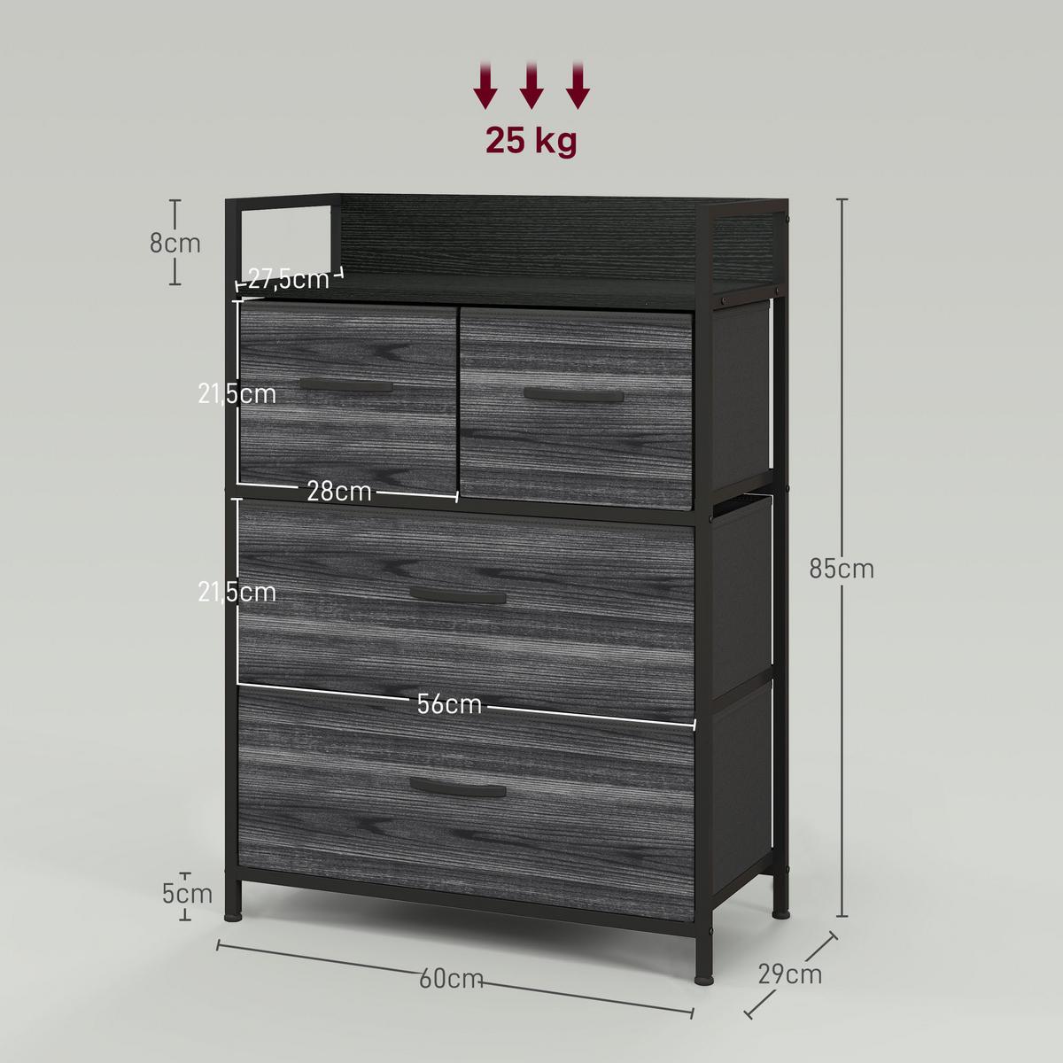KOMMODE, Sideboard mit 4 Faltbaren Schubladen aus Stoff, Regal und Griff Schwarz - Schwarz, Textil/Metall (29/85/60cm) - HOMCOM