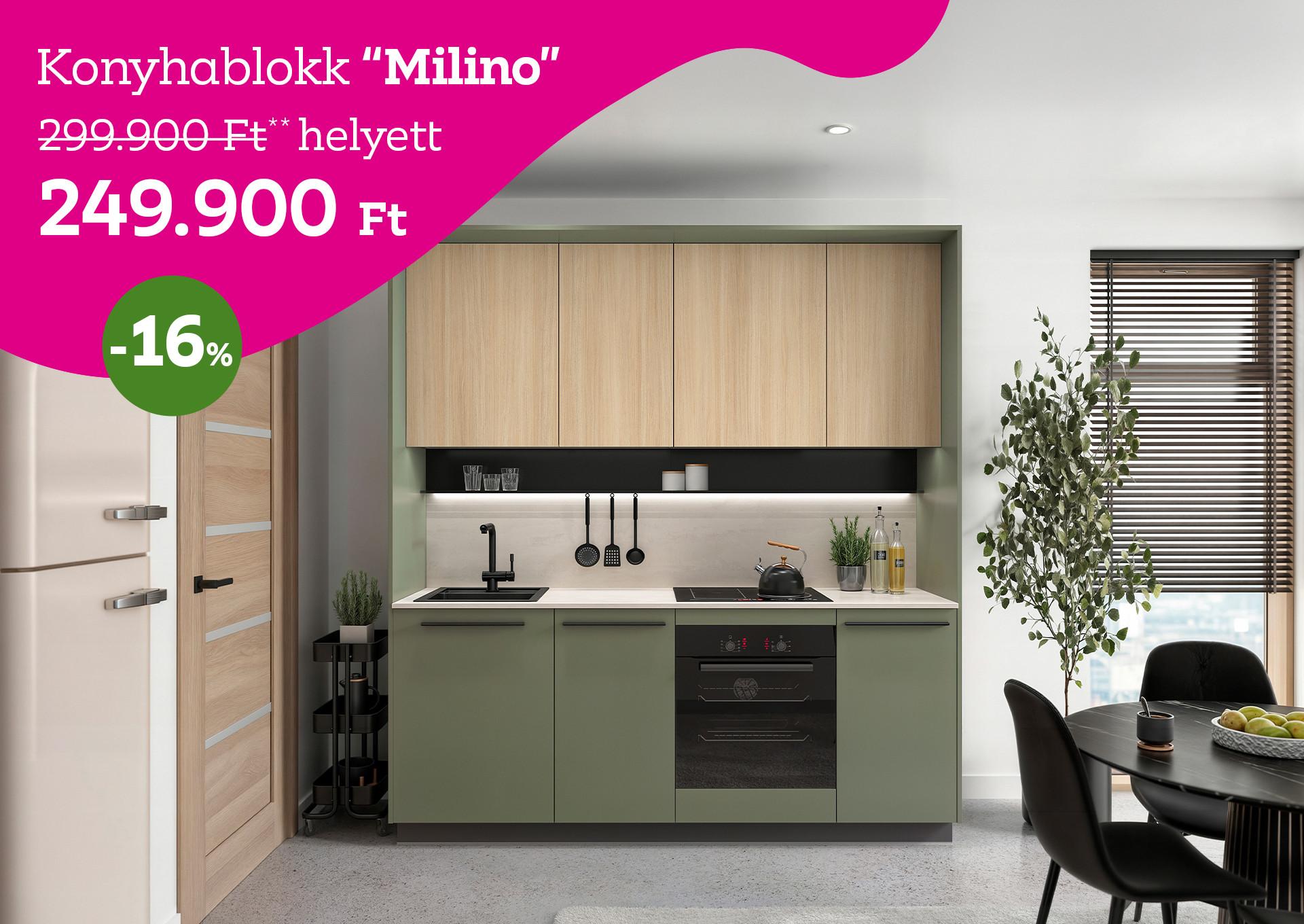 Konyhablokk Milino 299900 Forint helyett 249900 Forint, kedvezmény mértéke 16%