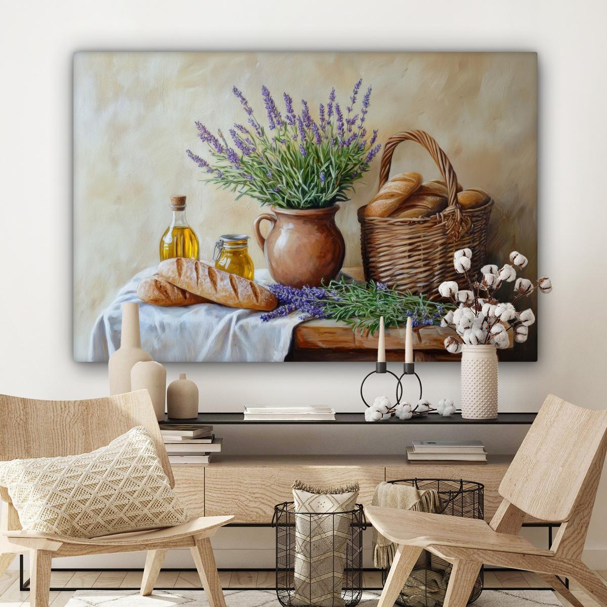 LEINWANDBILD Lavendel - Brot - Stilleben Groß 140x90 cm - Flieder, Textil (140/90cm) - MuchoWow