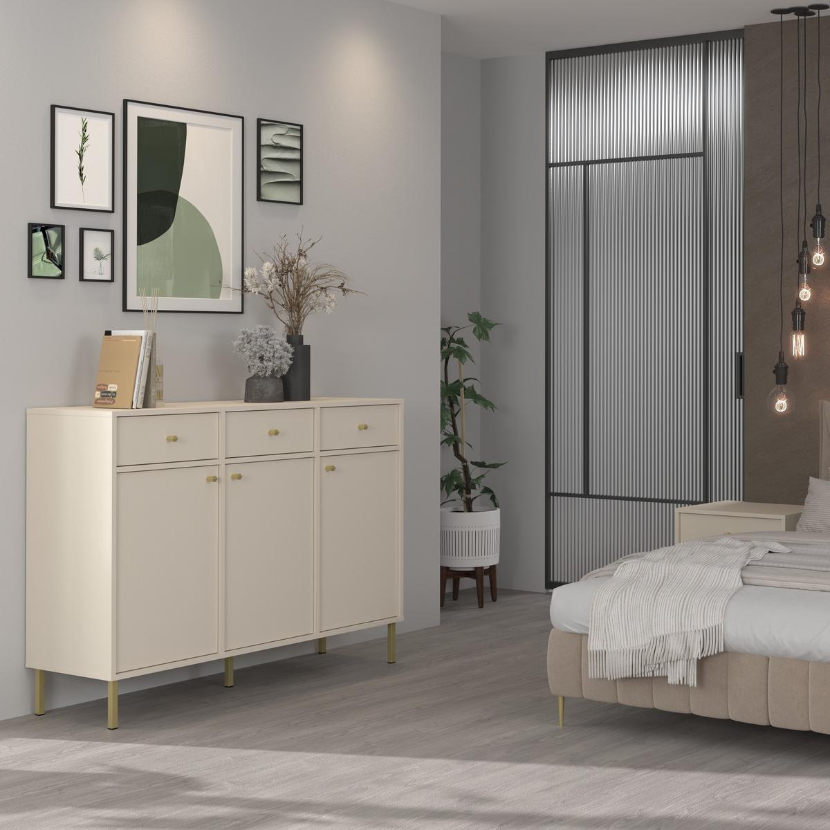 KOMMODE TORINO 125/95/41 cm mit 3 Schubladen 3 Türen Beige - Beige, Holzwerkstoff (125/95/41cm) - MASSENO