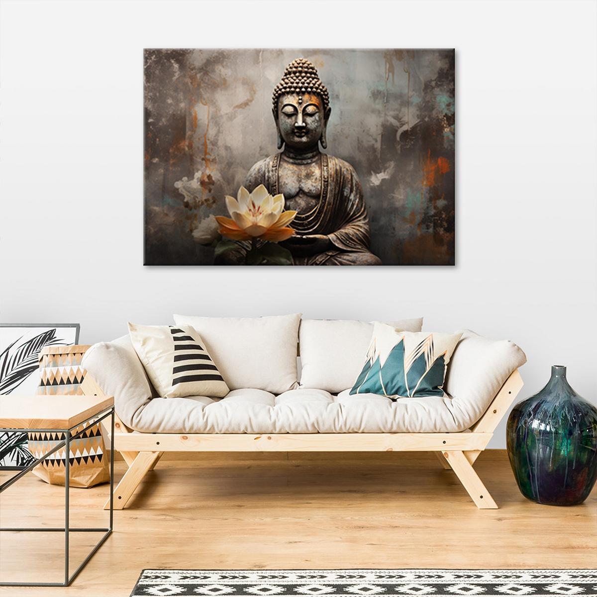BILD AUF LEINWAND Meditierender Buddha abstrakt 100x70cm - Grau, Textil (100/70cm) - Feeby