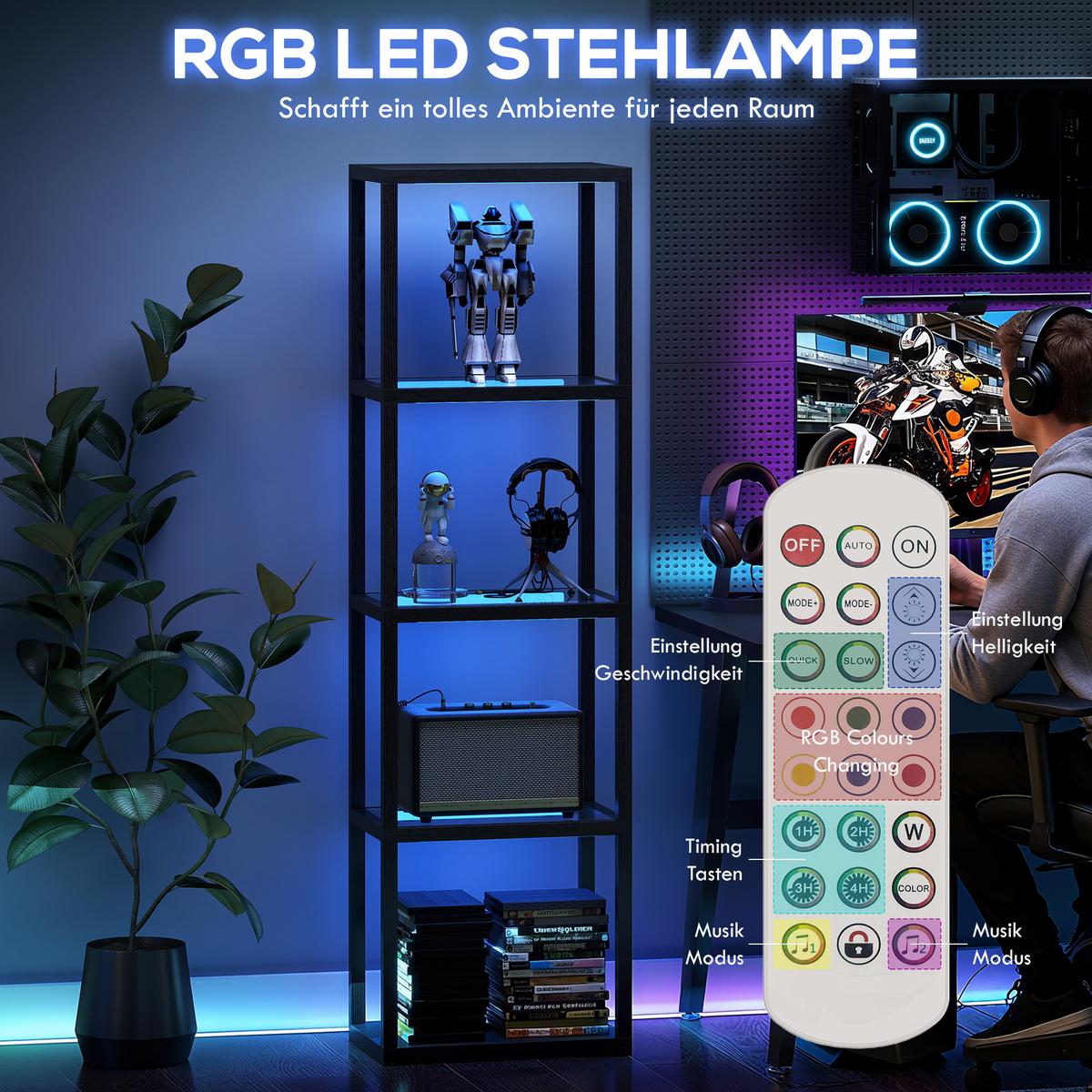 RGB Stehlampe mit Glasregalen, 4-Ebenen-LED-Stehleuchte mit Fernbedienung - Schwarz, Holzwerkstoff (45/29/157cm) - HOMCOM