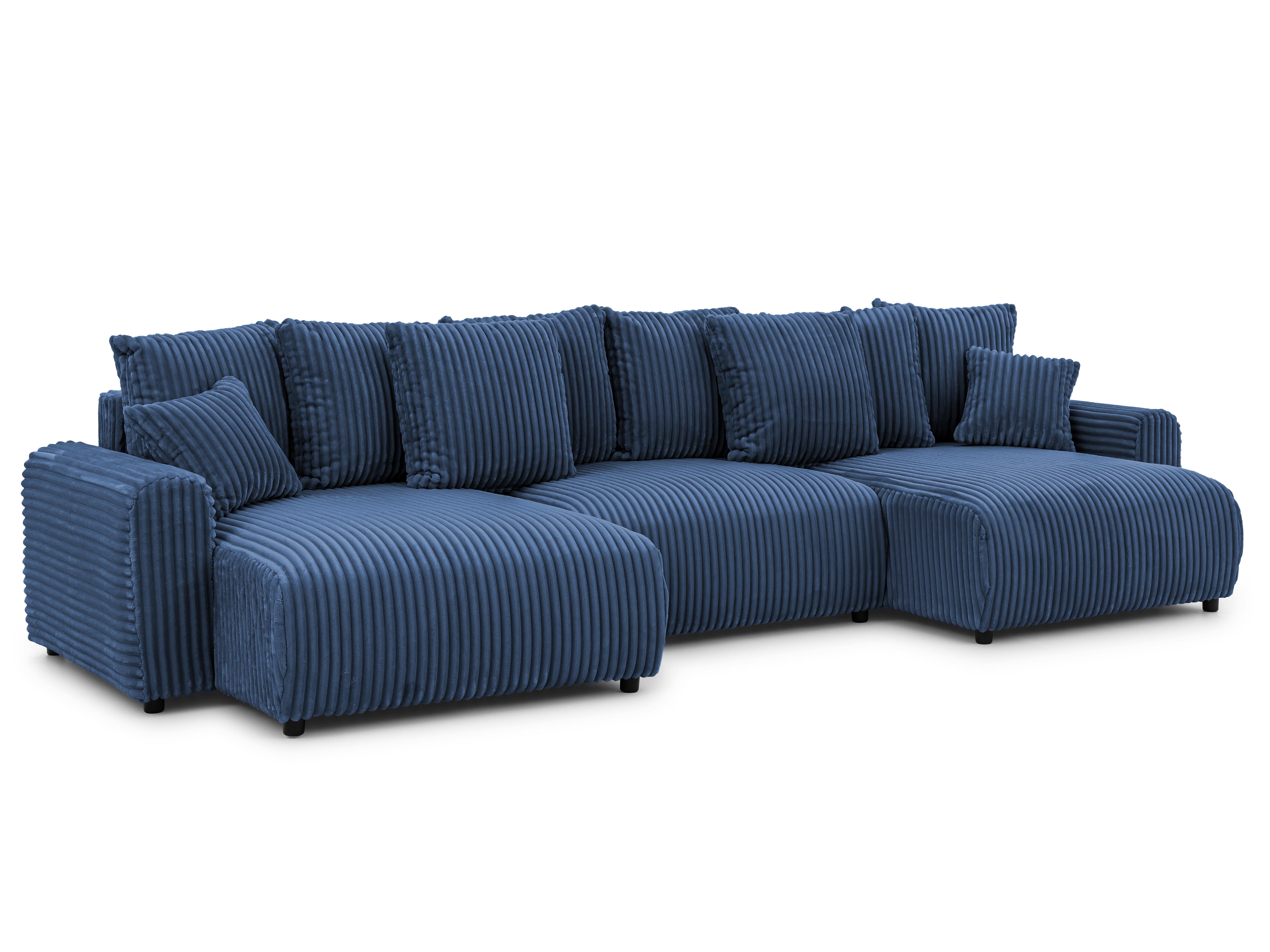 WOHNLANDSCHAFT Calma mit Schlaffunktion und Bettkasten im Bumpy-Design aus weichem Marineblau Plüschcord - Blau/Beige, Holz/Textil (336/88/140cm) - S-Style