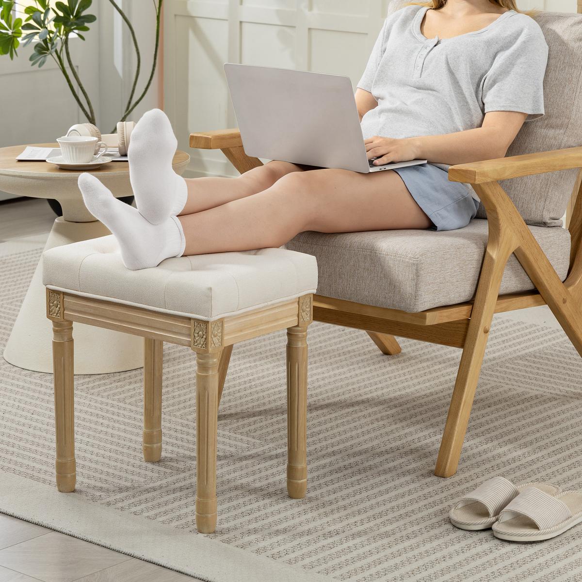 SITZHOCKER Polyester Gummiholz Beige - Beige/Naturfarben, Textil (32/46.5/42cm) - HOMCOM