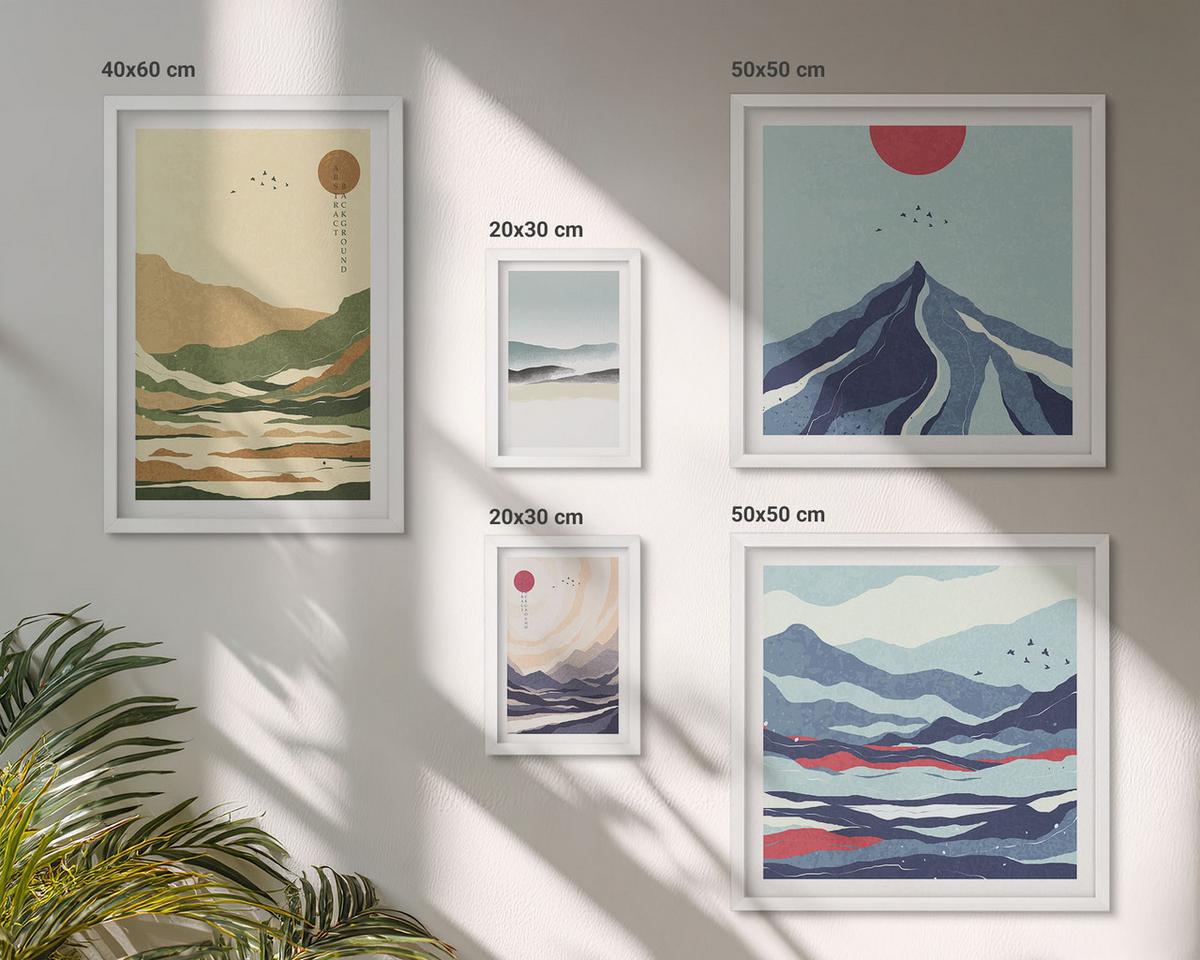 BILDER SET 5er Set - 50x50 cm & 20x30 cm & 40x60 cm Weißer Rahmen - Berge minimalistische Pastellfarben - Weiß, Kunststoff (40/60cm) - TULUP