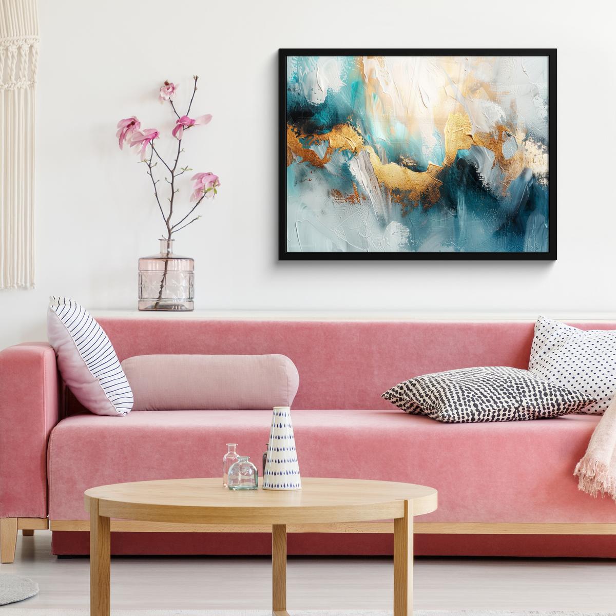POSTER MIT RAHMENGERAHMTES BILD Abstrakt - Kunst - Gold - Blau 80x60 cm - Petrol, Papier (80/60cm) - MuchoWow