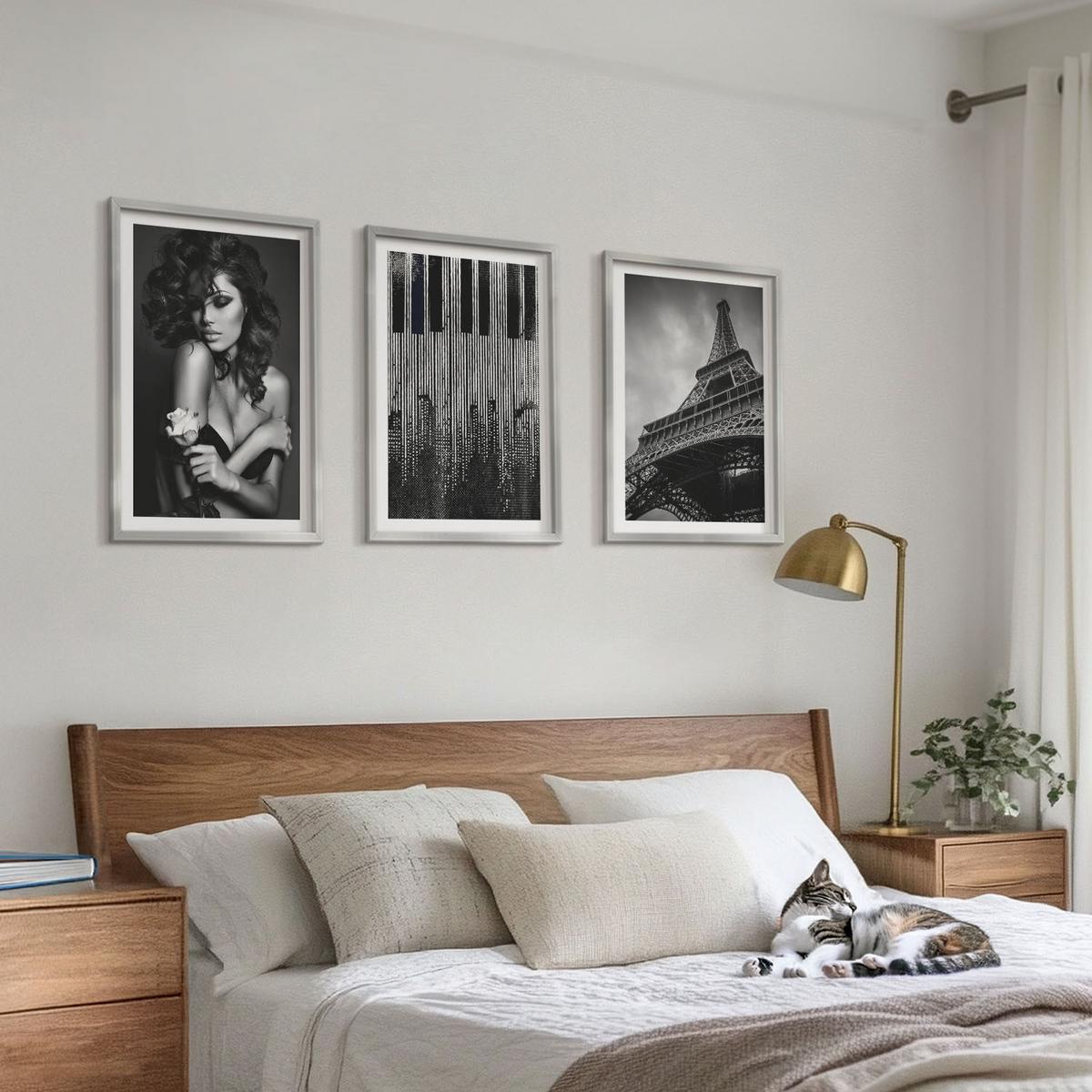 BILDER SET 3er Set - 40x60 cm Silberner Rahmen - Porträt einer Frau mit einer Eiffel-Rose - Silberfarben, Kunststoff (40/60cm) - TULUP